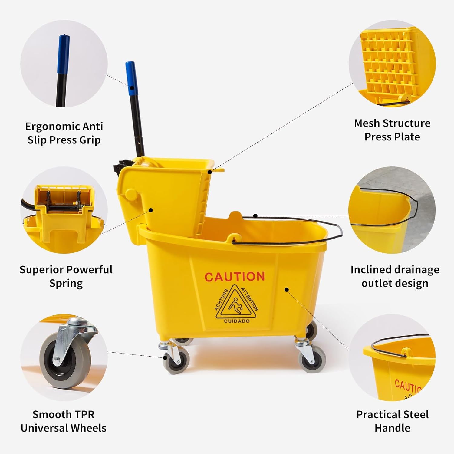 35 Quarts Commercial Mop Bucket Set with Side-Press Wringer for Floor Cleaning, Yellow, Including One Commercial Mop
