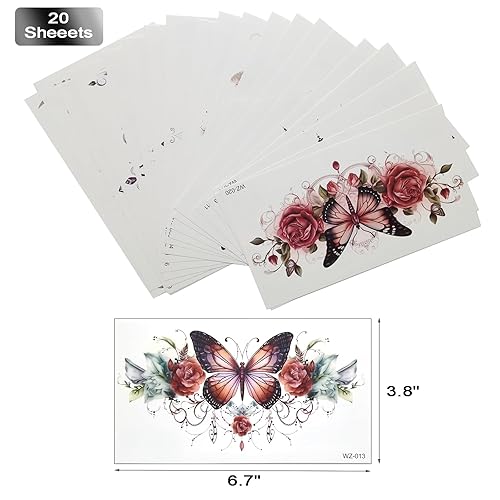 Miniatura 6 de Tatuajes temporales de flores sexys, mariposas, 20 hojas grandes de flores rojas de encaje para ombligo, busto, estómago, glúteos, piernas, brazos,