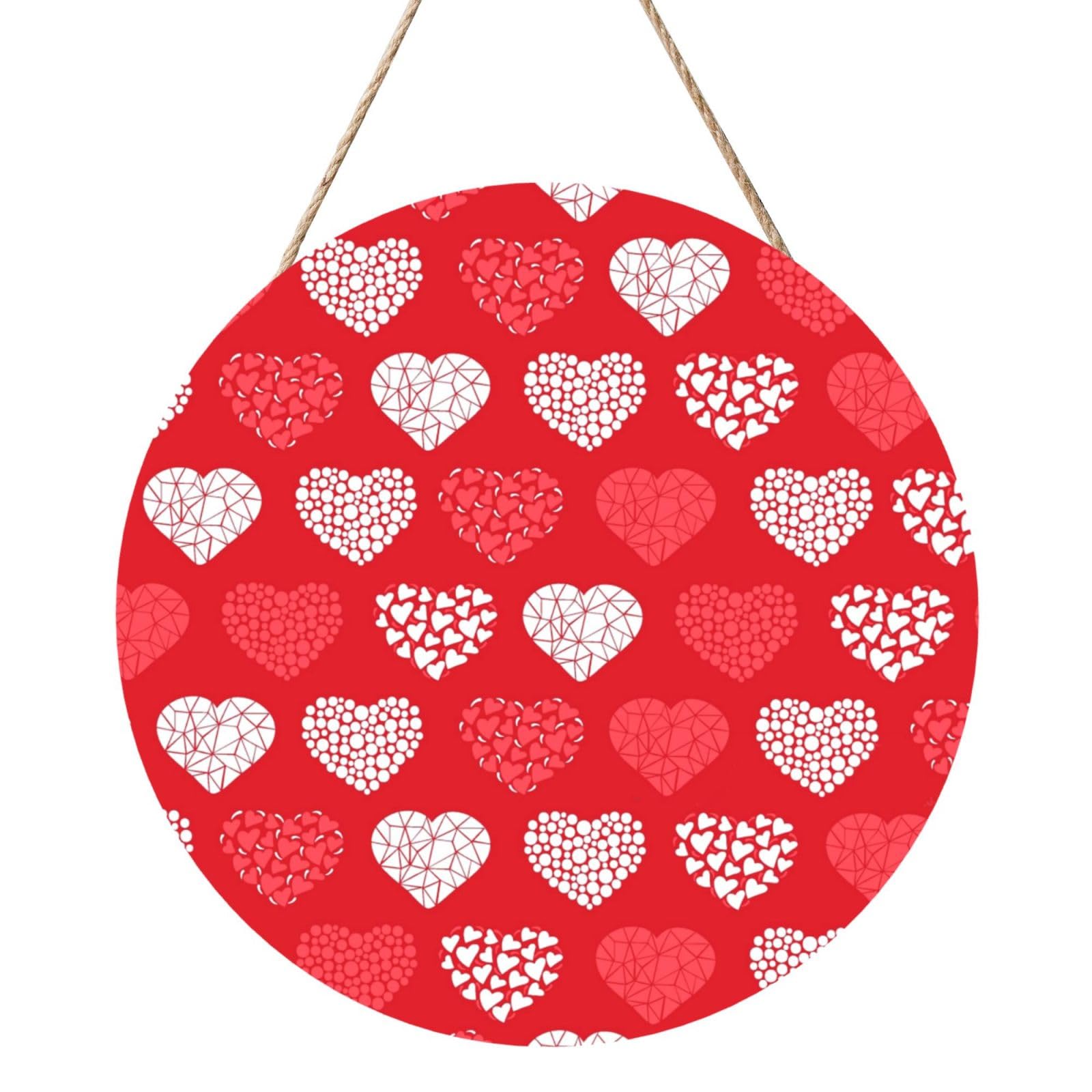 InOmak Red And White Hearts And Love, Round Wood Panel Painting 12 in, Wall Hanging Painting For Home