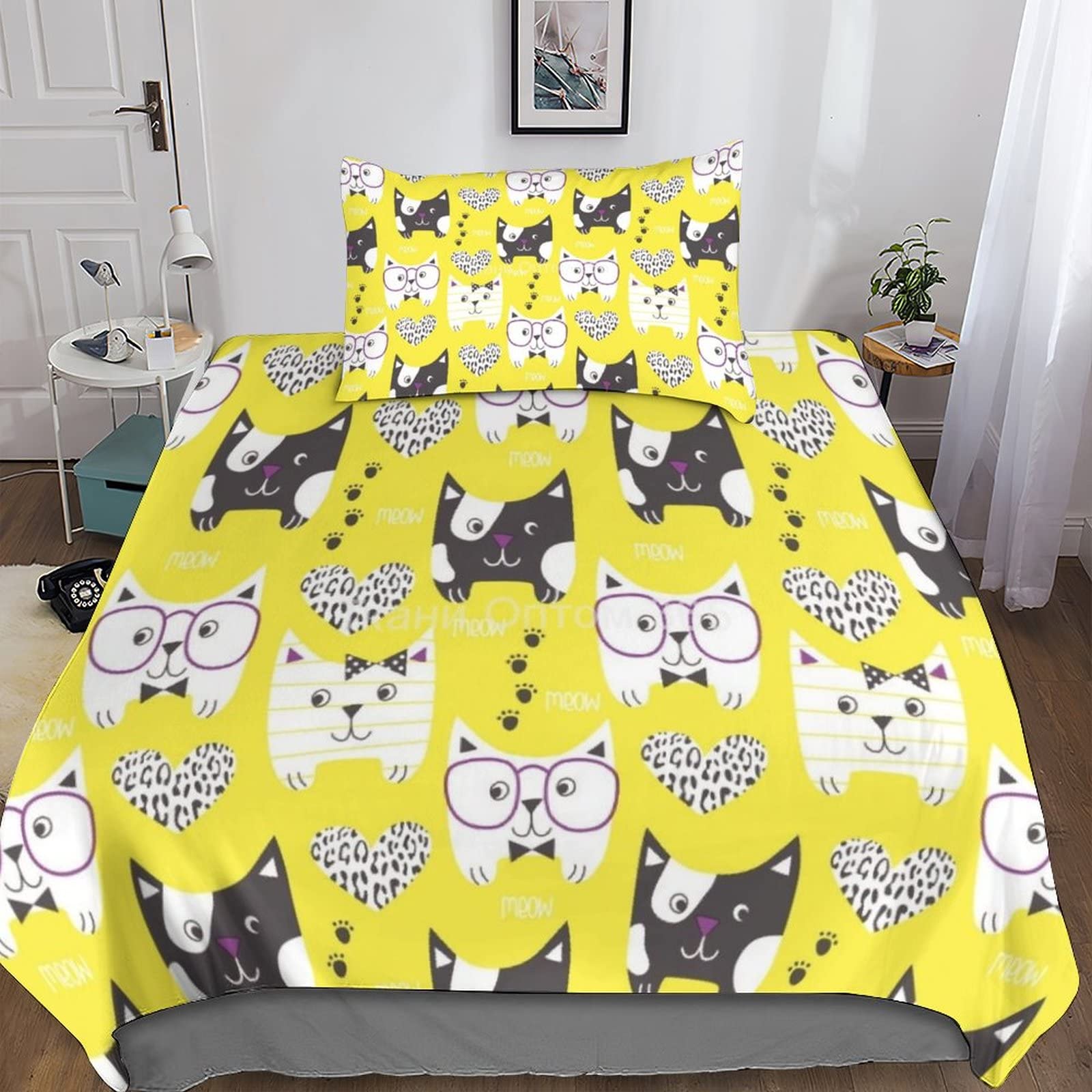 Housse de couette souple motifs chats 3D ensemble de literie microfibre avec taies d'oreillers