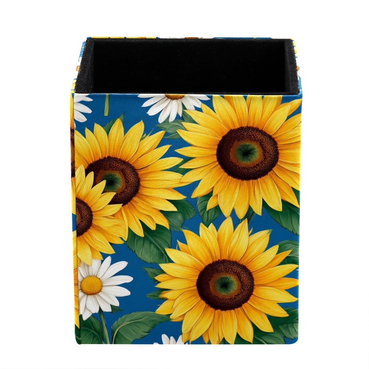 HEOEH Daisies Sunflowers Pen Holder Pen Pot, Square Pencil Cup for Desk