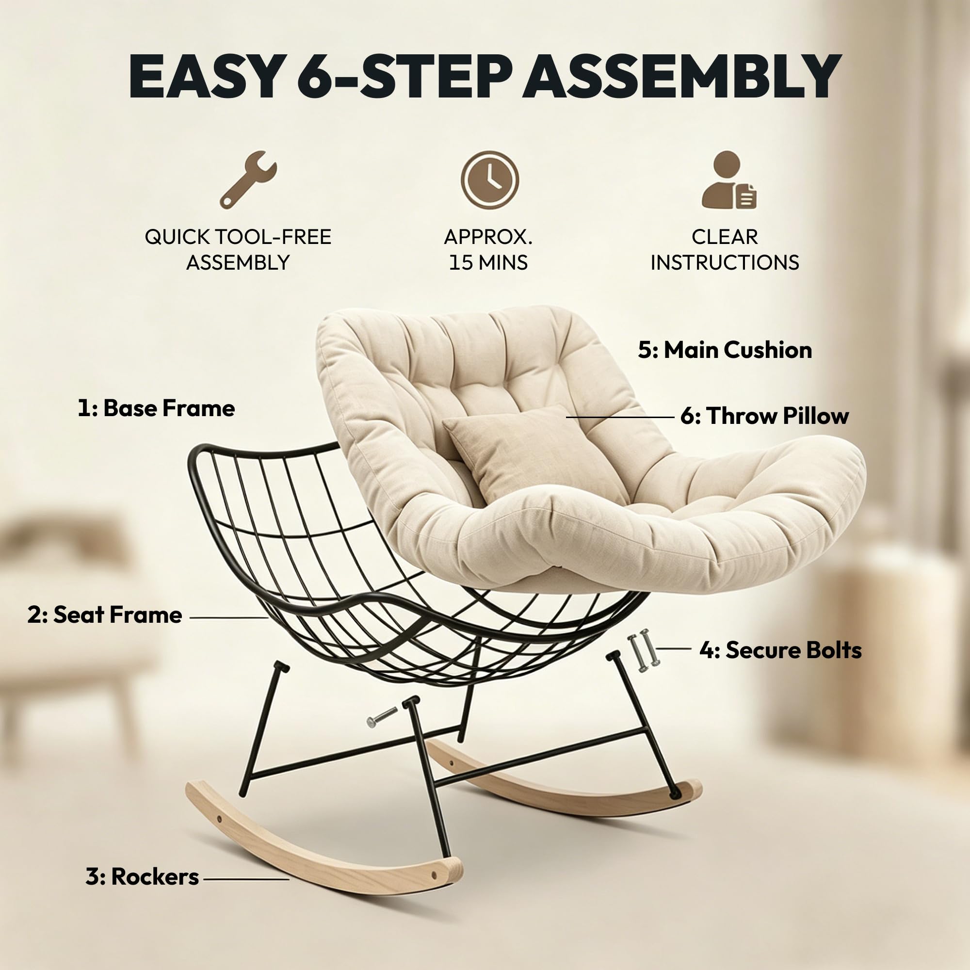 SANODESK Schaukelstuhl für draußen, gemütlicher Loungesessel & Relaxstuhl für Lange Stunden im Freien, mit Kissen, ideal für Balkon, Garten & Terrasse, belastbar bis 159 kg, Beige