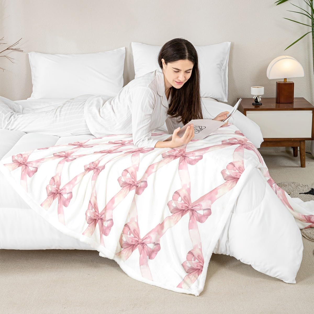 Manfei Pink Bowknot Flannel Blanket Dreamy Princess Style Kids Girls Fleece Throw Blanket for Room Decor,Watercolor Bow Geometric Grids White Bed Blanket for Bed Sofa Couch,Baby 30"x40" - Image 4
