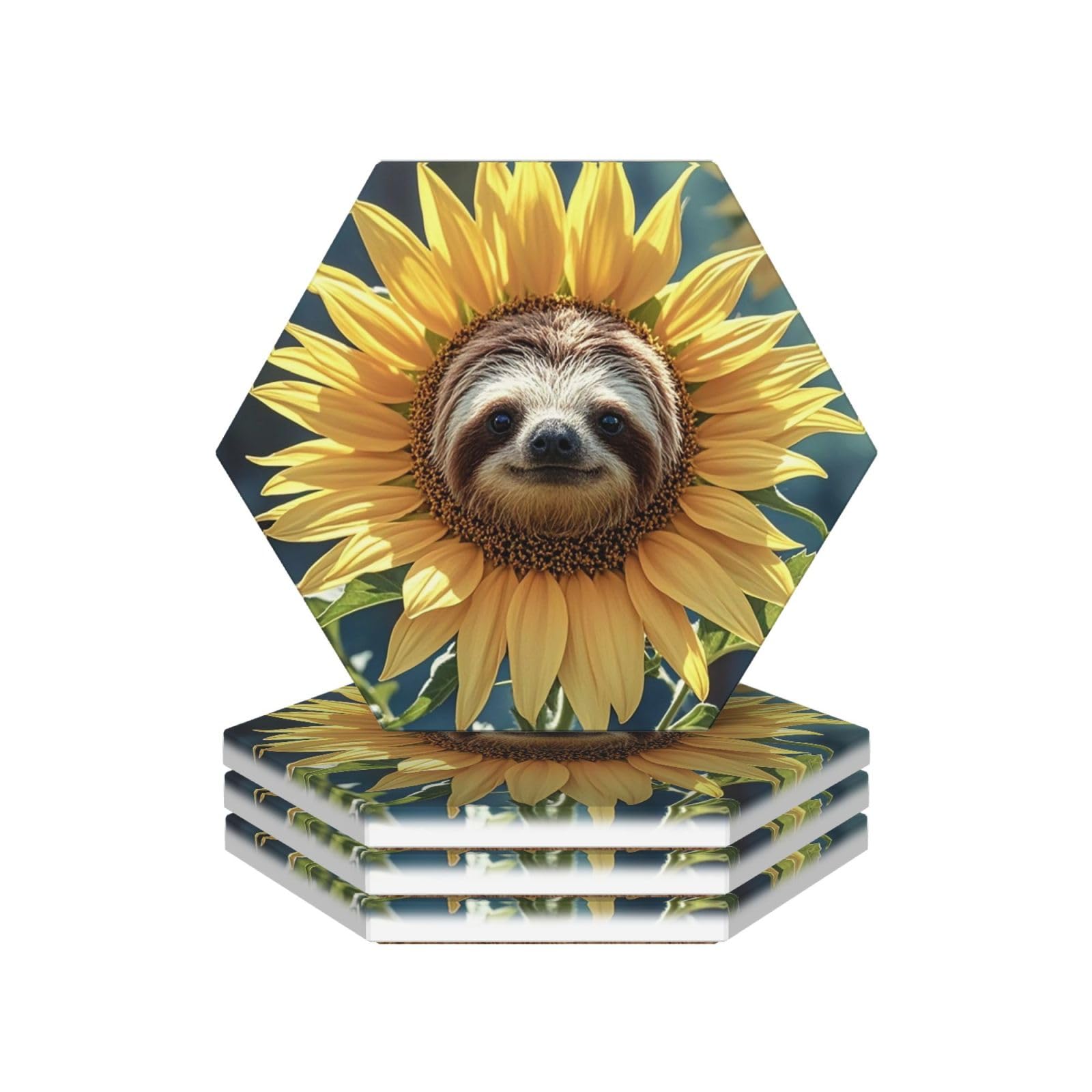 Drink Coasters Set of 4 Coffee Ceramic Coaster Sloth Sunflower Coasters for Drinks Coffee Cup Mat Heat Resistant Tabletop Protection Coaster Desk Accessorie Home Decorative