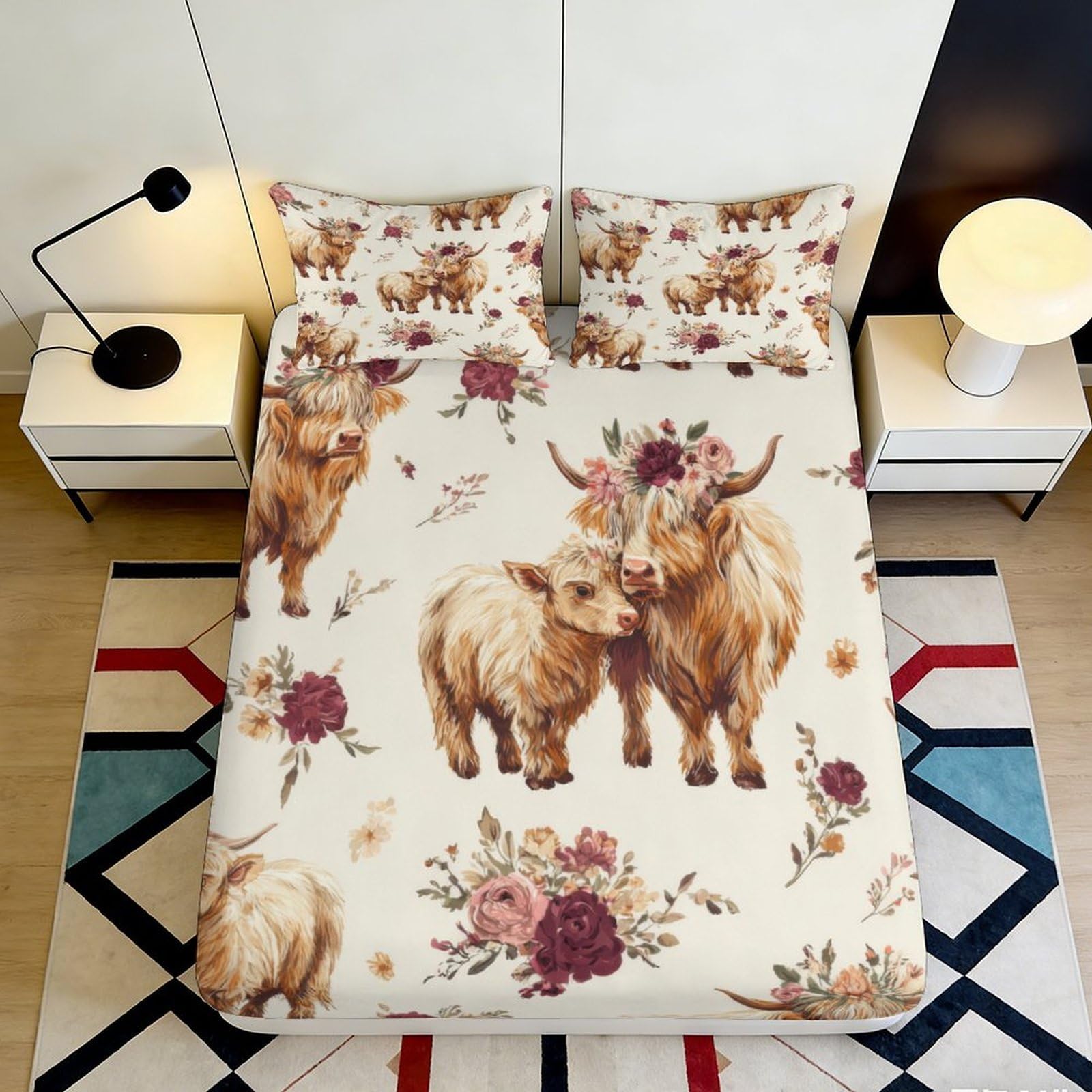 3D Printed Highland Cow Floral Fitted Sheet Microfiber Beige Mattress Cover Anti-Slip Dustproof for Bedroom Guest Room Decor 140x200x25cm