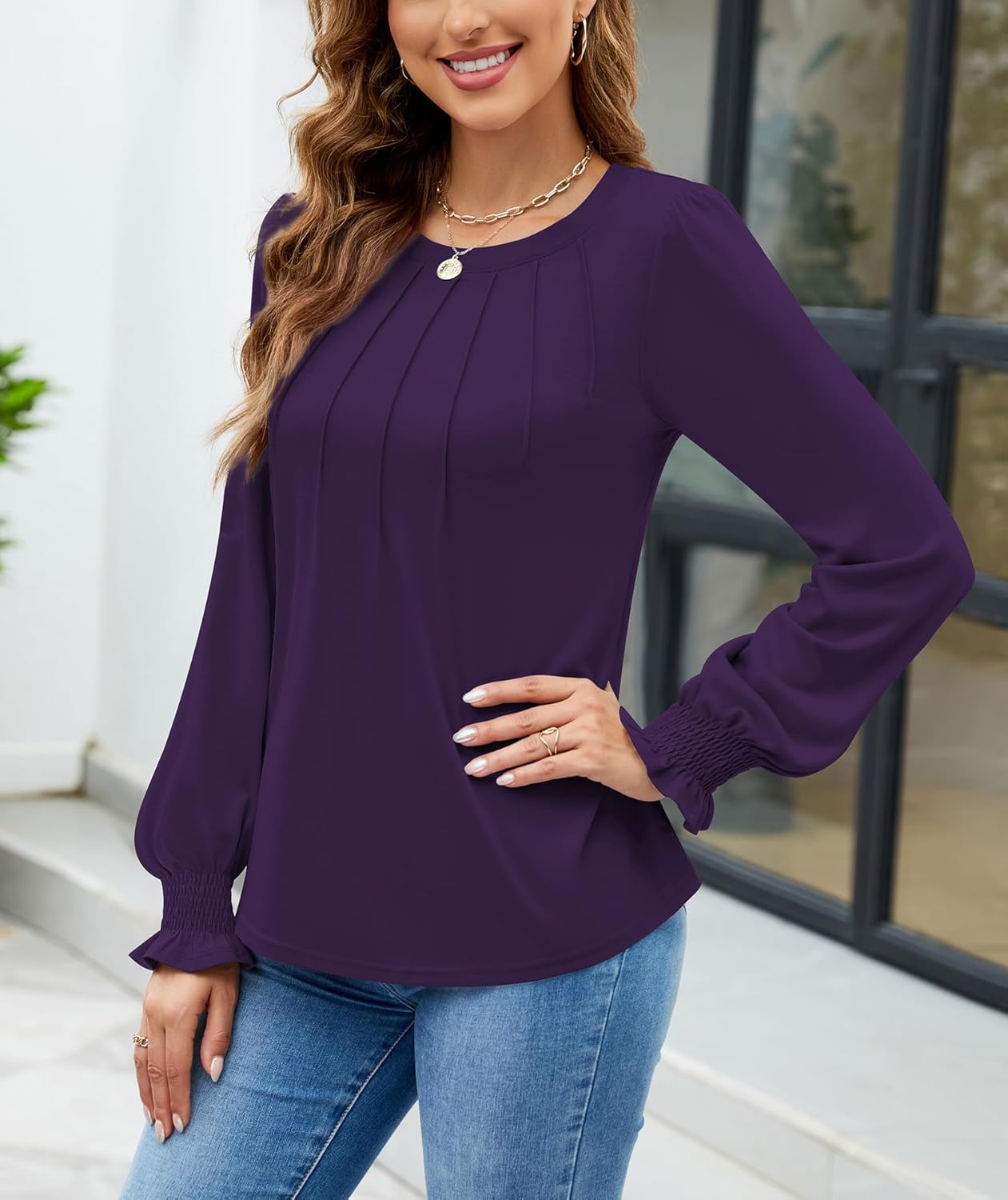 Funlingo Womens Long Sleeve Tops Fashion Fall Shirts Scoop Neck Pleated Ruffle Loose Tunic Tops Business Work Blouse - Image 2