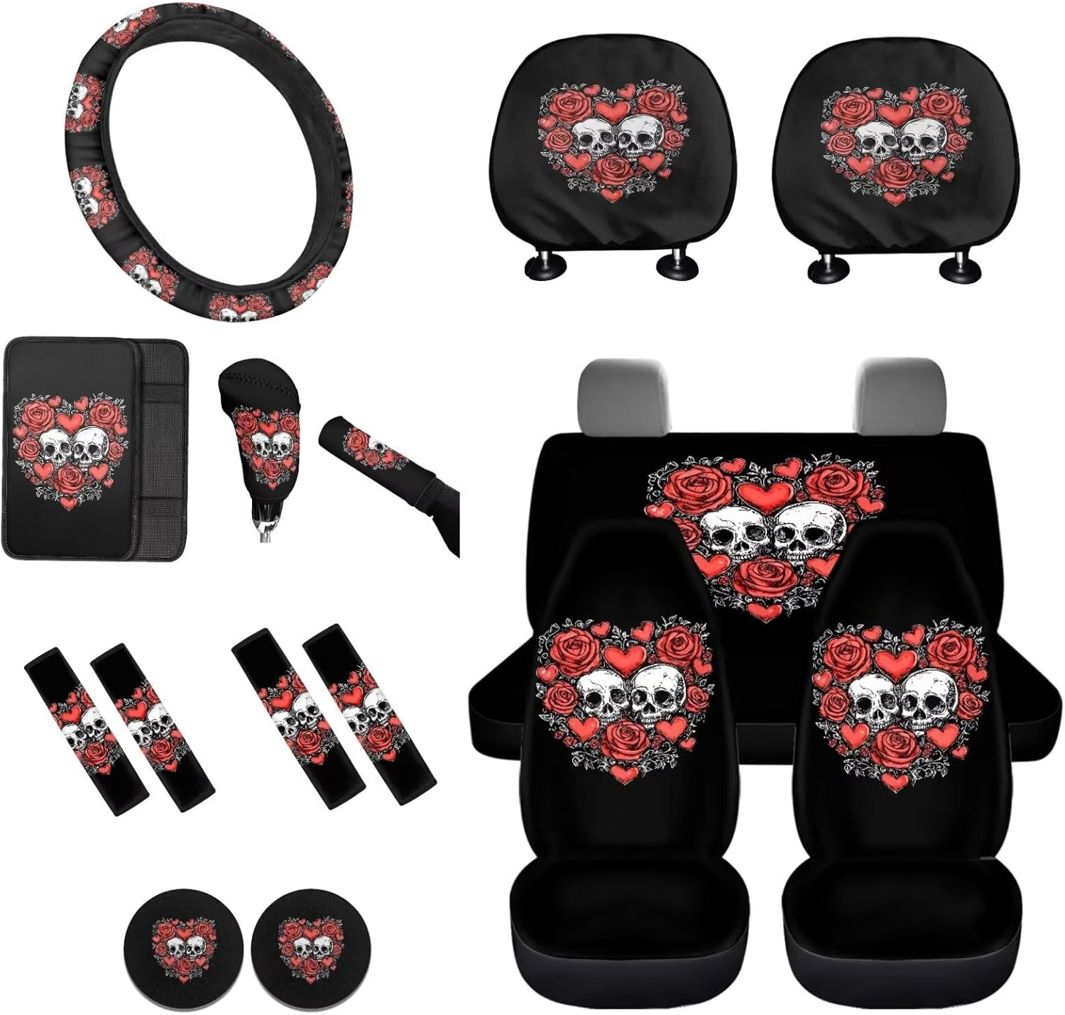 Skull Rose Printed Car Seat Cover Full Set with Steering Wheel Cover Armrest Pads Seat Belt Cover Car Handbrake Cover Gear Shift Knob Cover Universal Fit for SUV Sedan Van Truck, Black