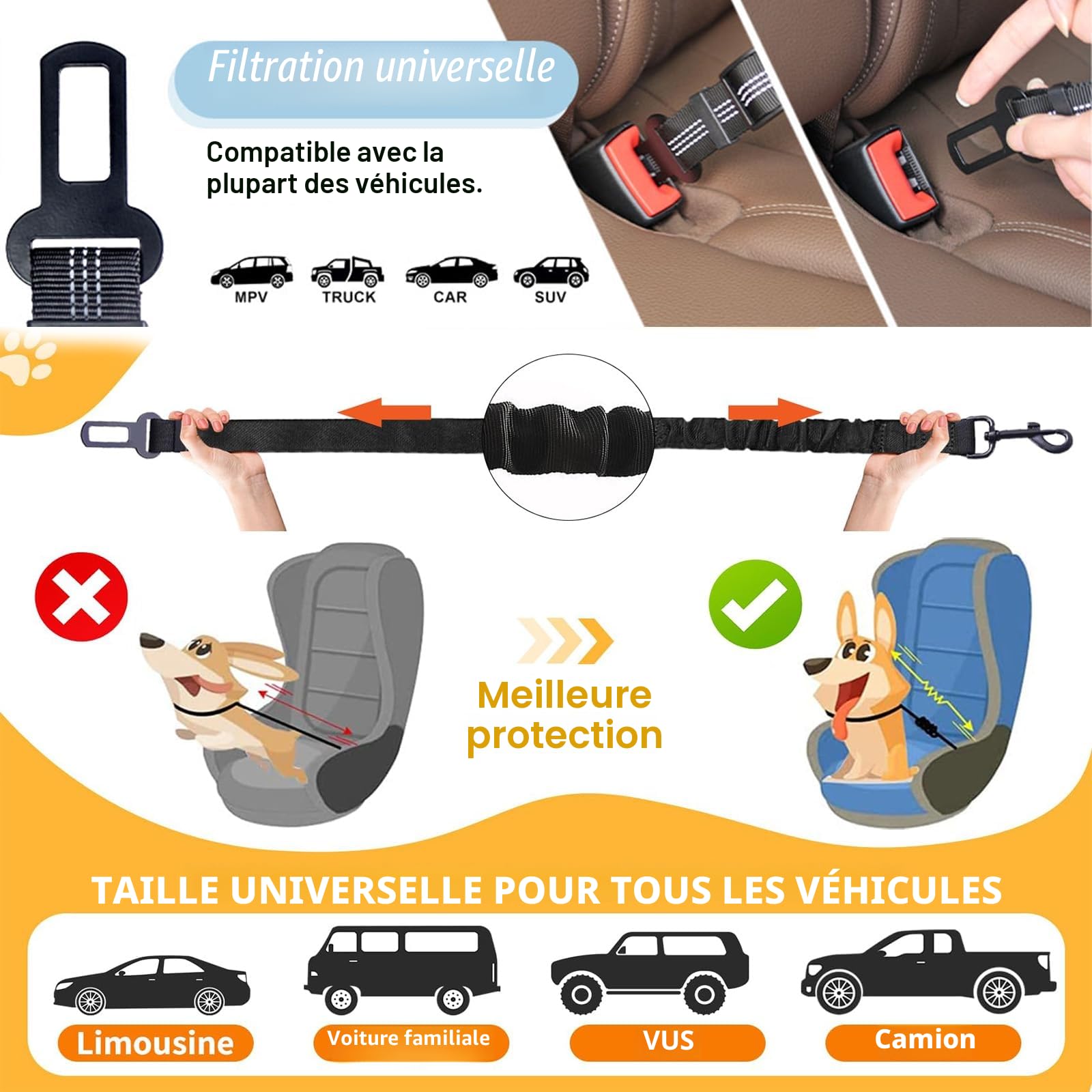 Ceinture de sécurité pour chien pour voiture, harnais réglable à double usage, ceinture de sécurité pour animal de compagnie, pour tout type de voiture, accessoire de voyage pour chien