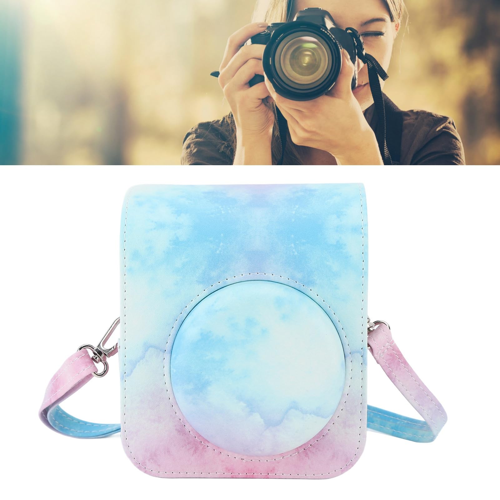 Mini Torba Ochronna na Aparat Natychmiastowy PU futerał na Aparat z Regulowanym Paskiem na ramię do Aparatu Instax Mini 12 (niebieski różowy)