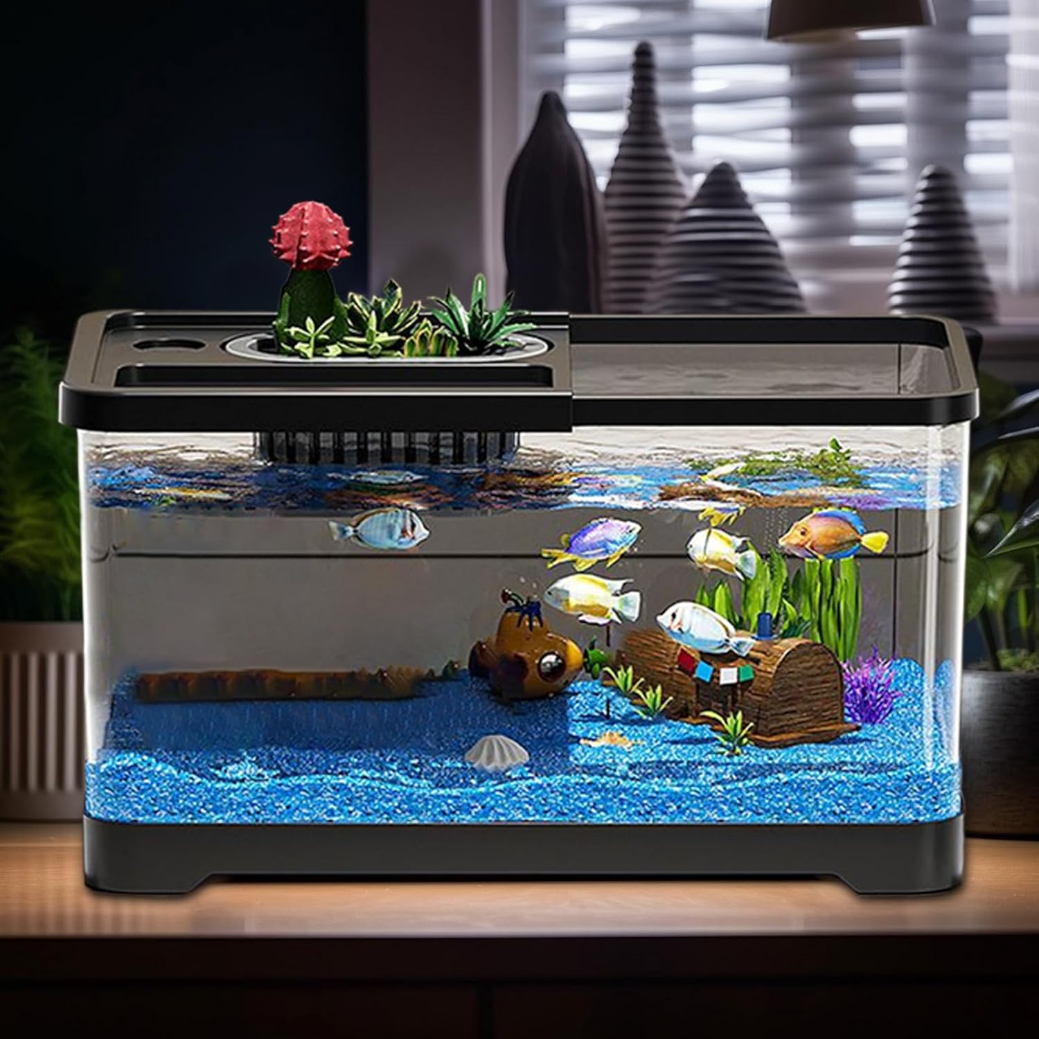 Small LED Aquarium Set, Fish Tank Kit with Tank, Desktop Aquarium with Lid, Plant Growing Dish, Fish Scoop, Food, Aquatic Plants, Enhance Your Visual Appeal
