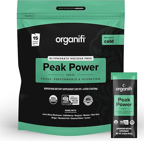 Organifi Peak Power, polvo de preentrenamiento para apoyar la hidratación, con melena de león y guayusa