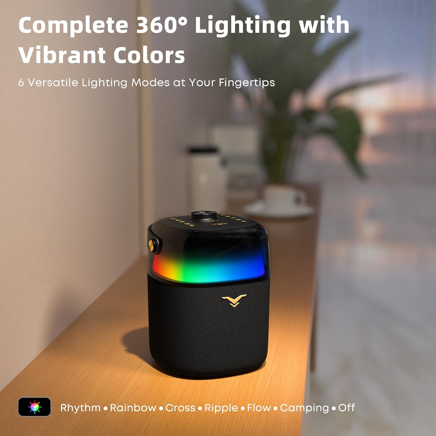 PartyFree S2 speaker displaying various 360-degree LED lighting modes
