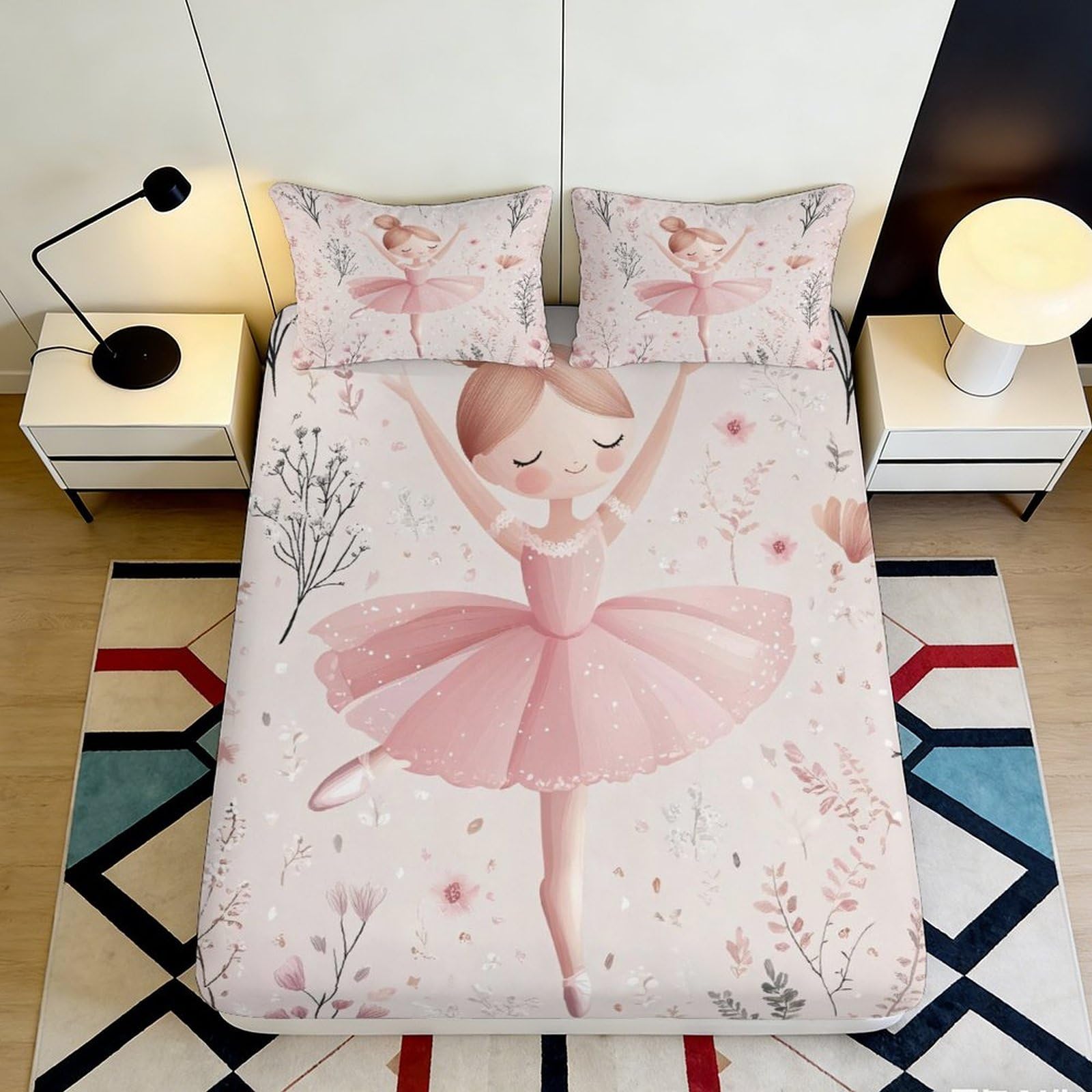 3D Printed Ballerina Fitted Sheet Microfiber Deep Pocket Non-Slip Bedroom Bedding Ballet Mattress Fitted Cover 140x200x25cm