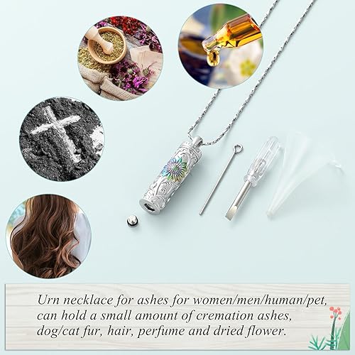 Miniatura 6 de Imrsanl Collar de urna de cremación cilíndrica para cenizas, urna de girasol, collar con colgante para hombres y mujeres, joyería conmemorativa de