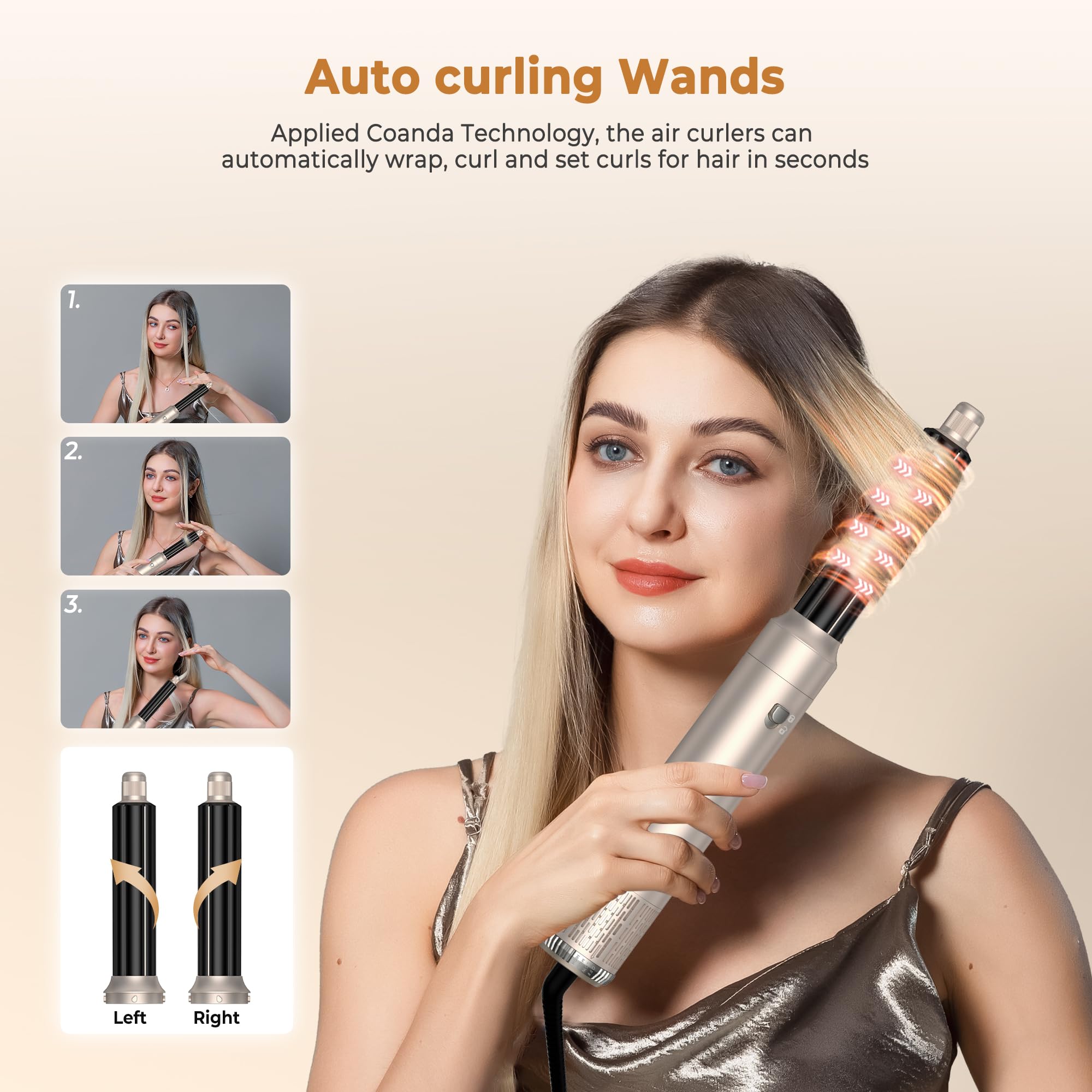 UKLISS Cepillo Secador de Pelo 6 en 1 - Cepillo de Aire Caliente Peinador con Rizador, Thermal Brush, Secado Rápido, Moldeador Pelo Voluminizador- Rizos, Volumen, Alisado y Secado (Dorado)