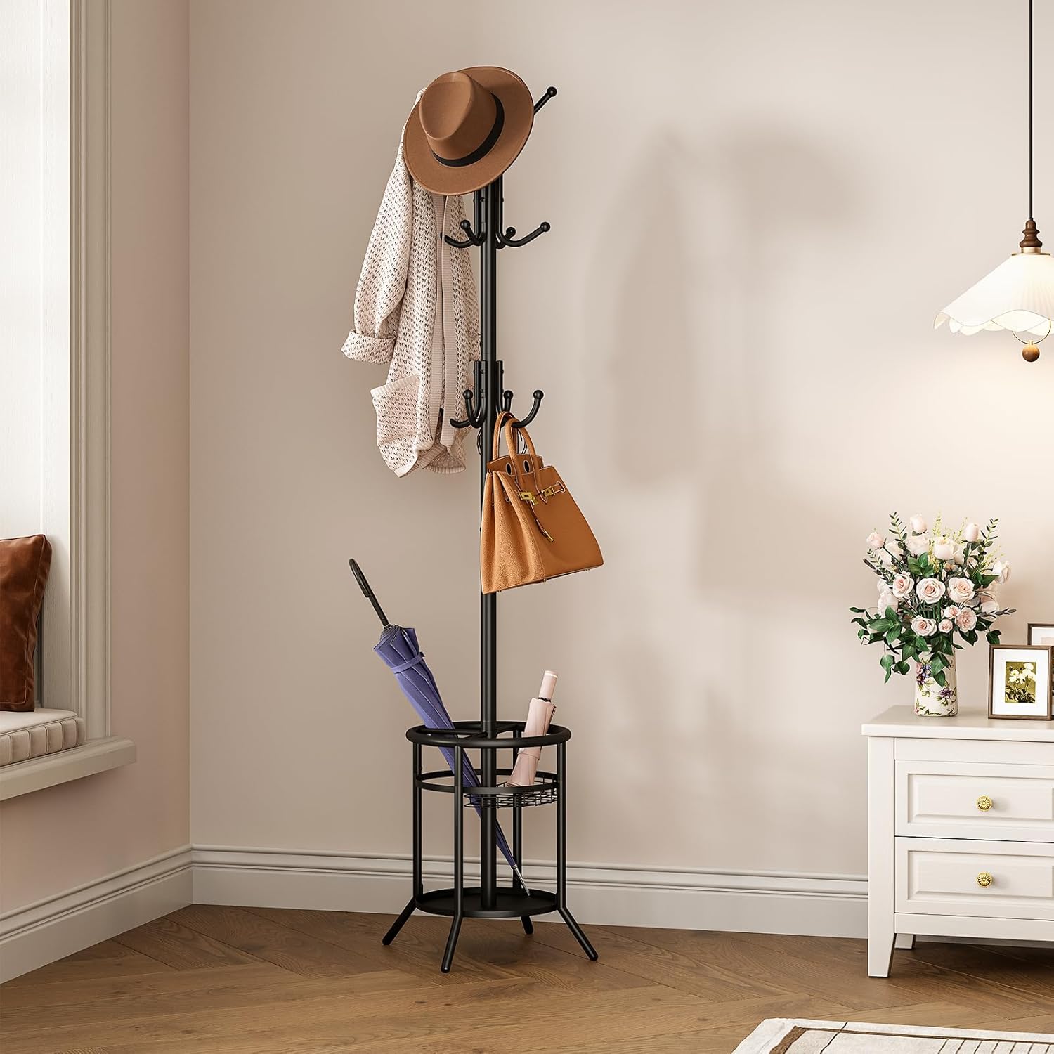 ELYKEN Coat Rack Freestanding, Metal Coat Rack Stand with Umbrella Holder, Modern Coat Tree with 12 Hooks, Floor Standing Corner Hall Tree for Entryway Living Room Bedroom Office, Black