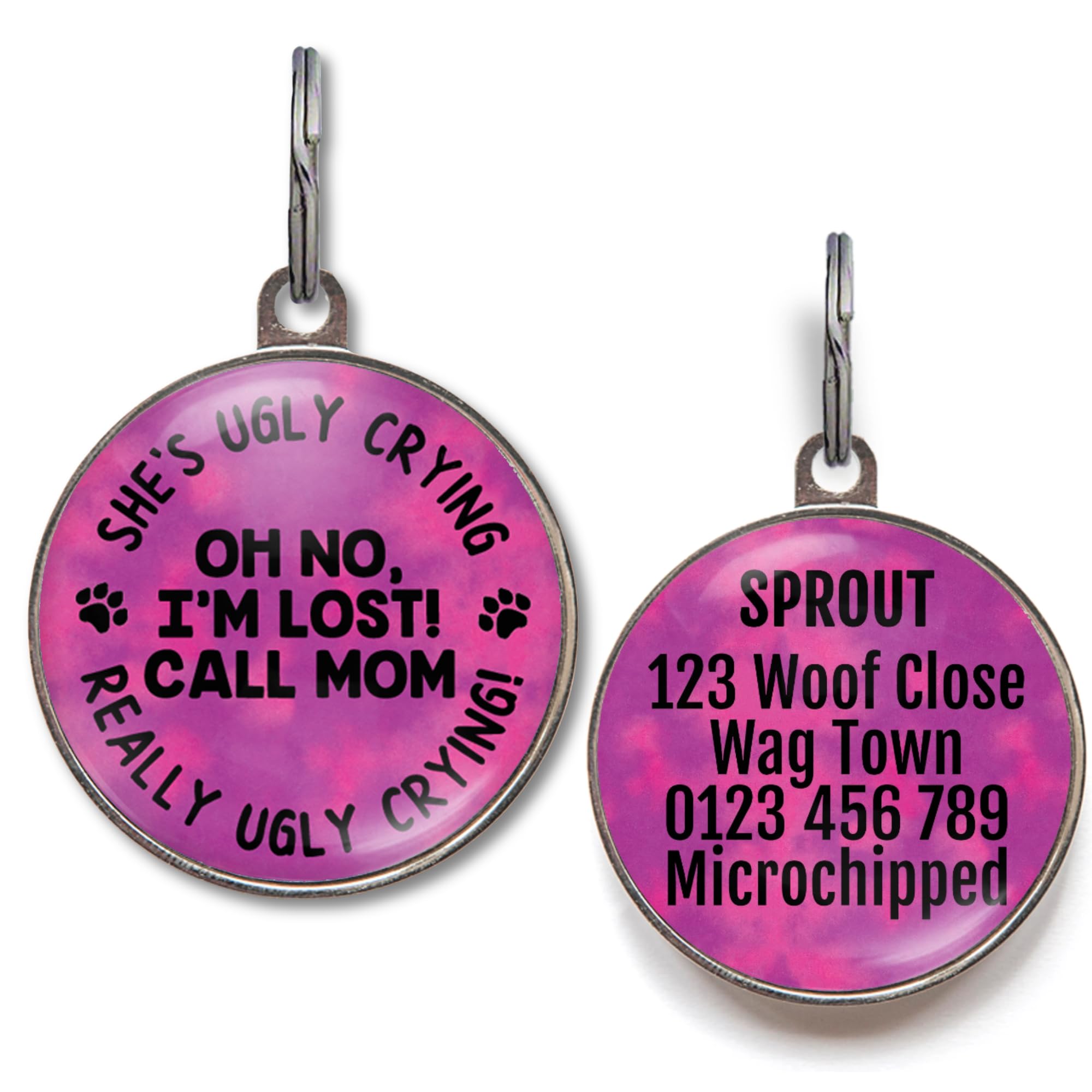 Funny Dog Tag – Personalized, 36 Color Options, 2 Sizes for Dogs & Cats – “Oh No, I’m Lost! Call Mom – She’s Ugly Crying”. Hilarious Double-Sided