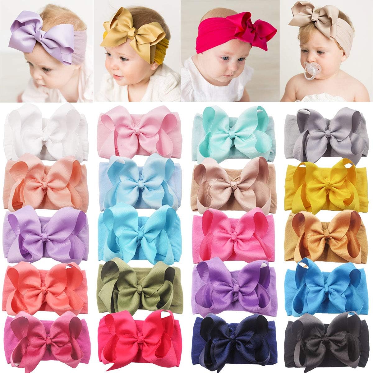 DED 20 Pieces Soft Elastic Nylon Headbands Hair Bows Headbands Hairbands for Baby Girl Toddlers Infants Newborns