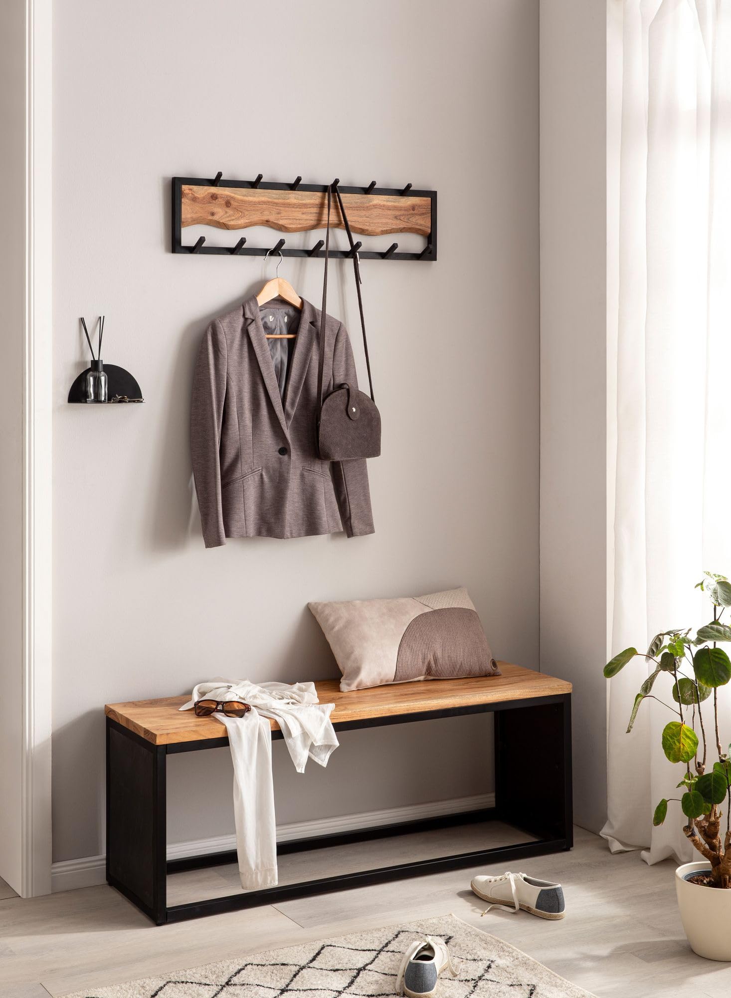 FineBuy Wandgarderobe 80x8x20 cm Akazie Massivholz mit Baumkante