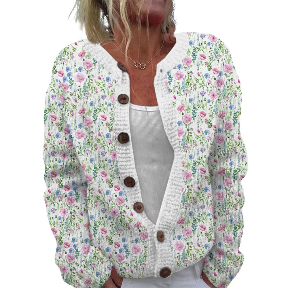 Floral Print Button Down Sweater Long Sleeve Crewneck Chunky Cardigan Sweaters for Women Knit Casual Fall Sweaters