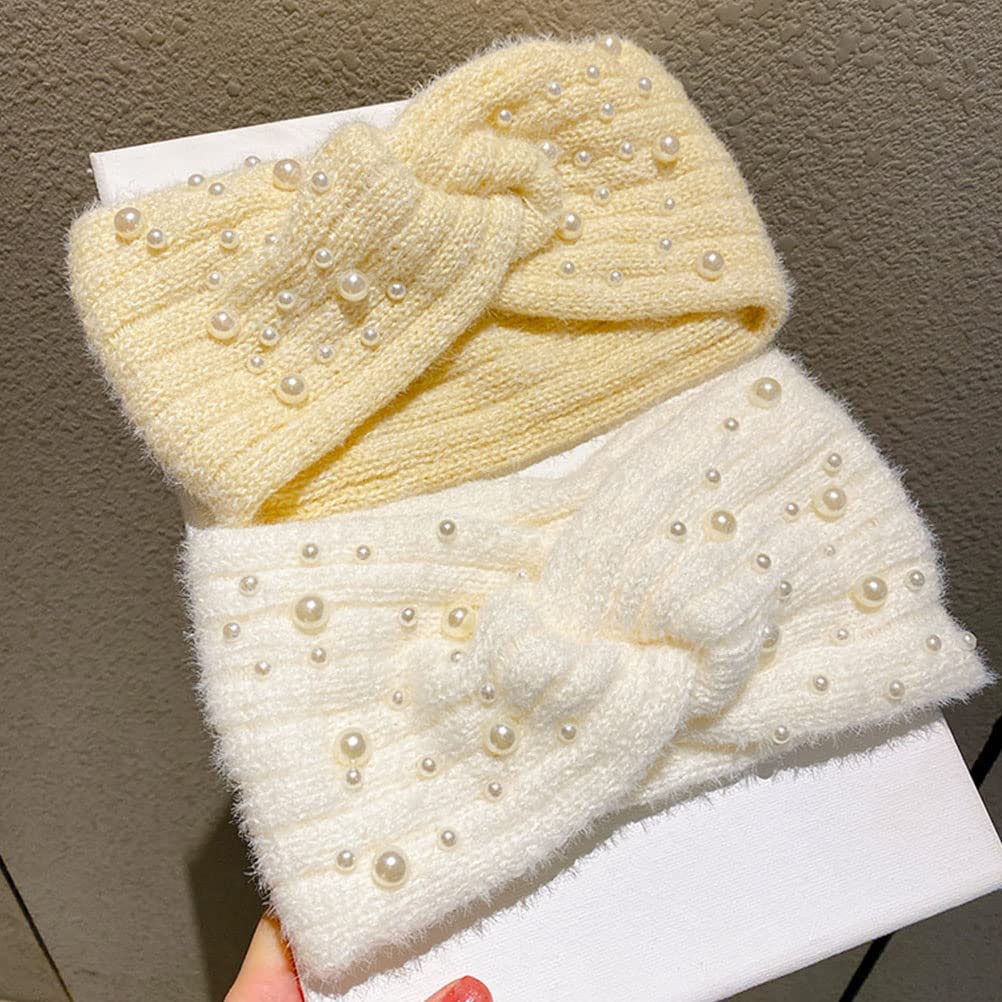 LUOZZY Winter Headbands For Women Pearl Headbands Ear Warmer Headband For Girl's Knit Soft Elastic Headband (White) - Image 4