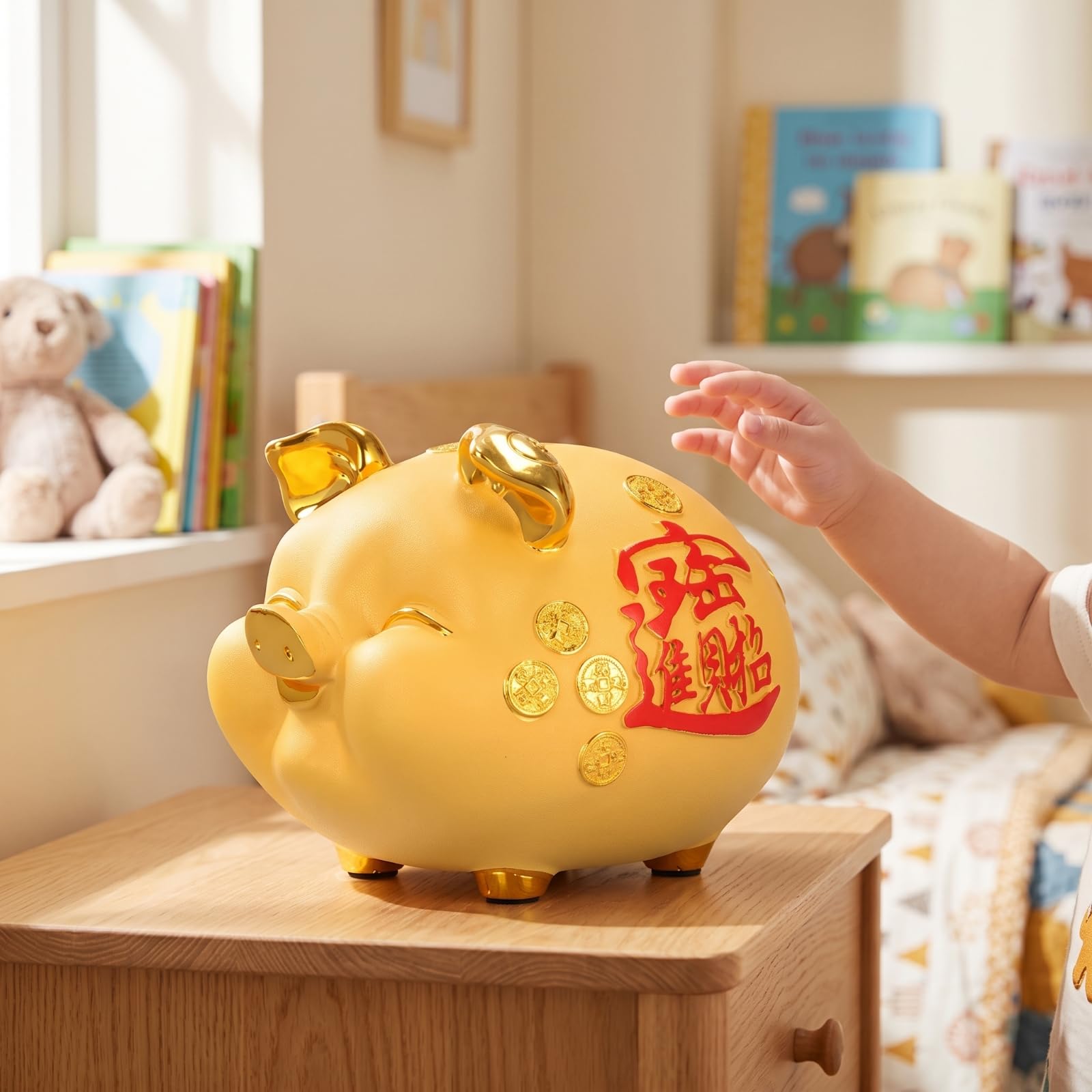 Salvadanaio Bambini Contenitore Risparmio Portasoldi Decorativo Resina Orecchie Zoccoli Dorati Motivi Prosperità Fessura Deposito Adatto per Cameretta, Medio