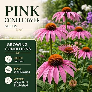 100 Pink Coneflower Seeds Non-GMO Heirloom Echinacea for Pollinator-Friendly Perennial Gardens