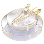 Liacere 150PCS Clear Gold Plastic Plates - Gold Plastic Silverware with Glitter Handle - Clear Disposable Plates Include 30 Guests Plates, Forks, Spoons, Knives for Wedding & Party&Chrismas