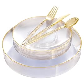 Liacere 150PCS Clear Gold Plastic Plates - Gold Plastic Silverware with Glitter Handle - Clear Disposable Plates Include 30 Guests Plates, Forks, Spoons, Knives for Wedding & Party&Chrismas