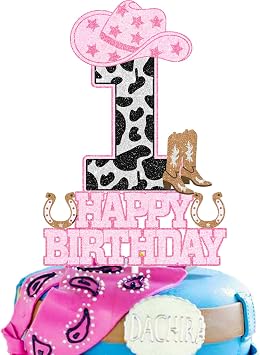 Kids Cowgirl First Rodeo Happy Birthday Cake Toppers - This is the perfect cowgirl themed birthday party, Cowboy party or baby shower party cow pattern smash decoration for a boy or girl - SugarGera
