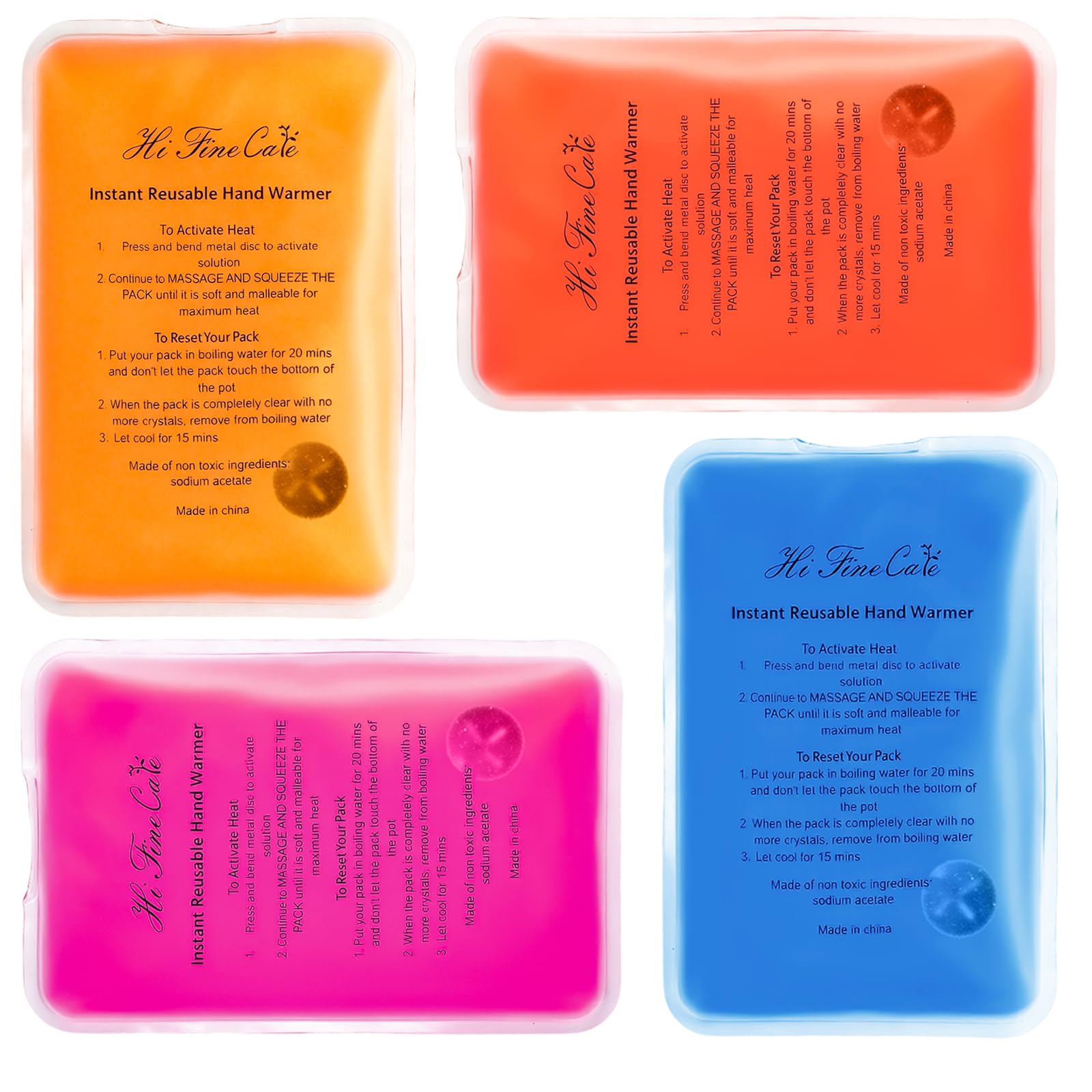 Lot de 4 chauffe-mains réutilisables Click-to-Heat : chauffe-mains rectangulaires givrés, portables pour l'hiver et les sports de plein air