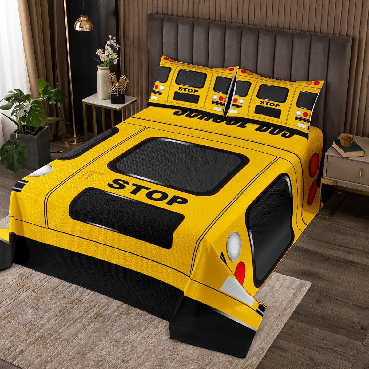 Divertido autobús escolar acolchado, estampado frontal amarillo para niñas, niños y adolescentes, juego de colcha de estilo infantil de dibujos animados para habitación del vehículo, 3 piezas tamaño