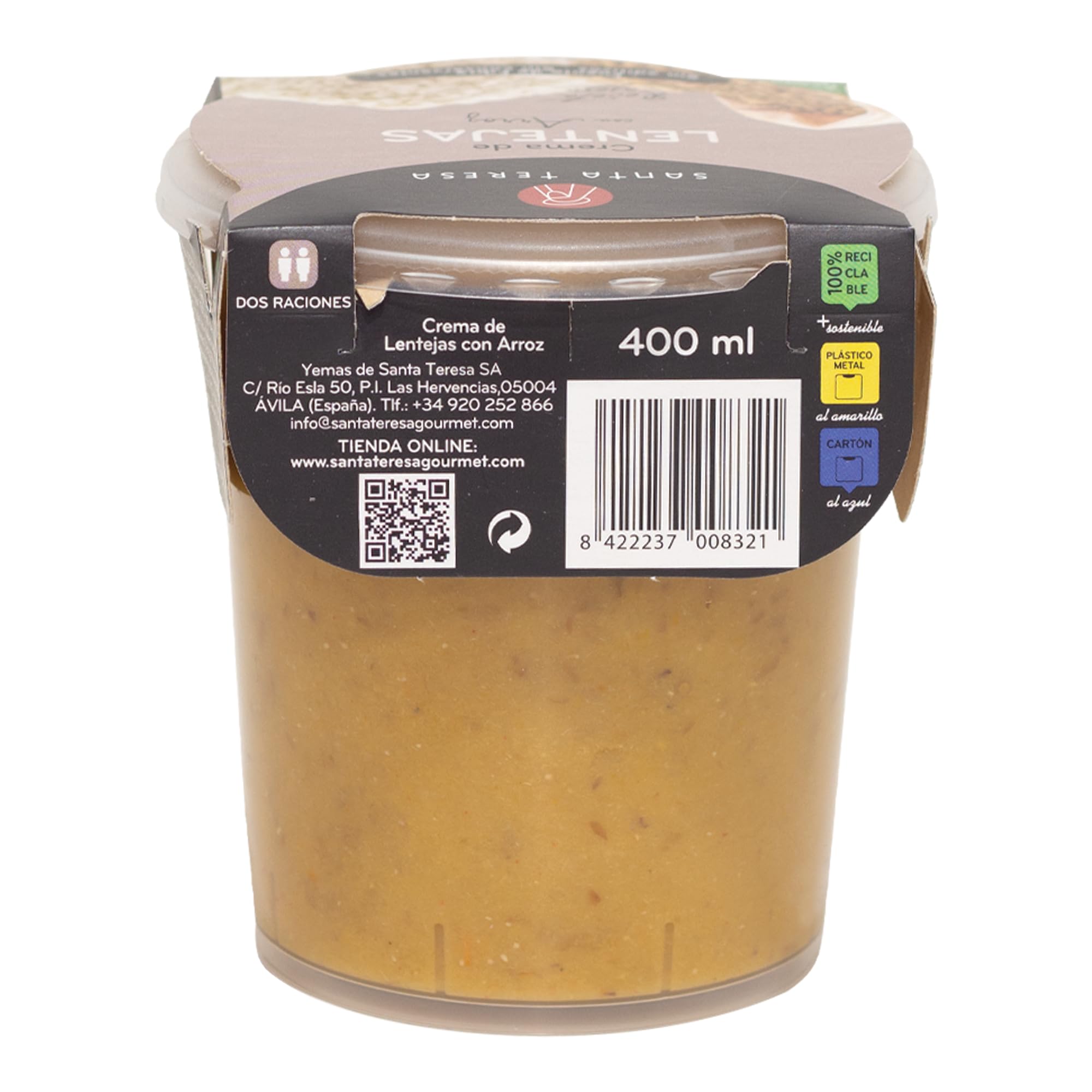 Santa Teresa - Pack de 9 Cremas de Lentejas con Arroz - Elaborada Con Ingredientes Naturales, Sin Conservantes Ni Aditivos - Envase Apto Para Microondas, Calentar Y Listo. 3.600ml