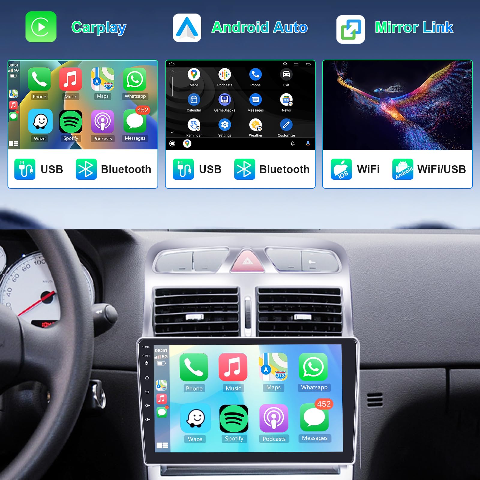 8 Core 4G+64G Hodozzy Radio para Peugeot 307 307CC 307SW 2002-2013 Android 9 Pulgadas IPS Pantalla Táctil Navegación GPS Carplay Android Auto Inalámbrico 2 DIN Radio Bluetooth DSP WiFi FM RDS Cámara