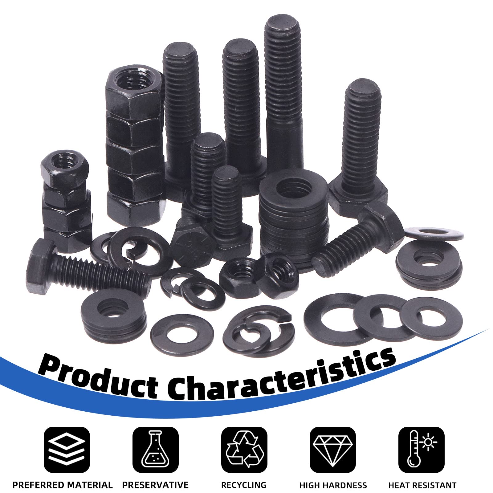 Glarks 512Pcs 1/4-20", 5/16-18", 3/8-16" Kit d'assortiment de rondelles de vis hexagonales de grade 8, rondelles de verrouillage de vis hexagonales noires et rondelles de joint plat