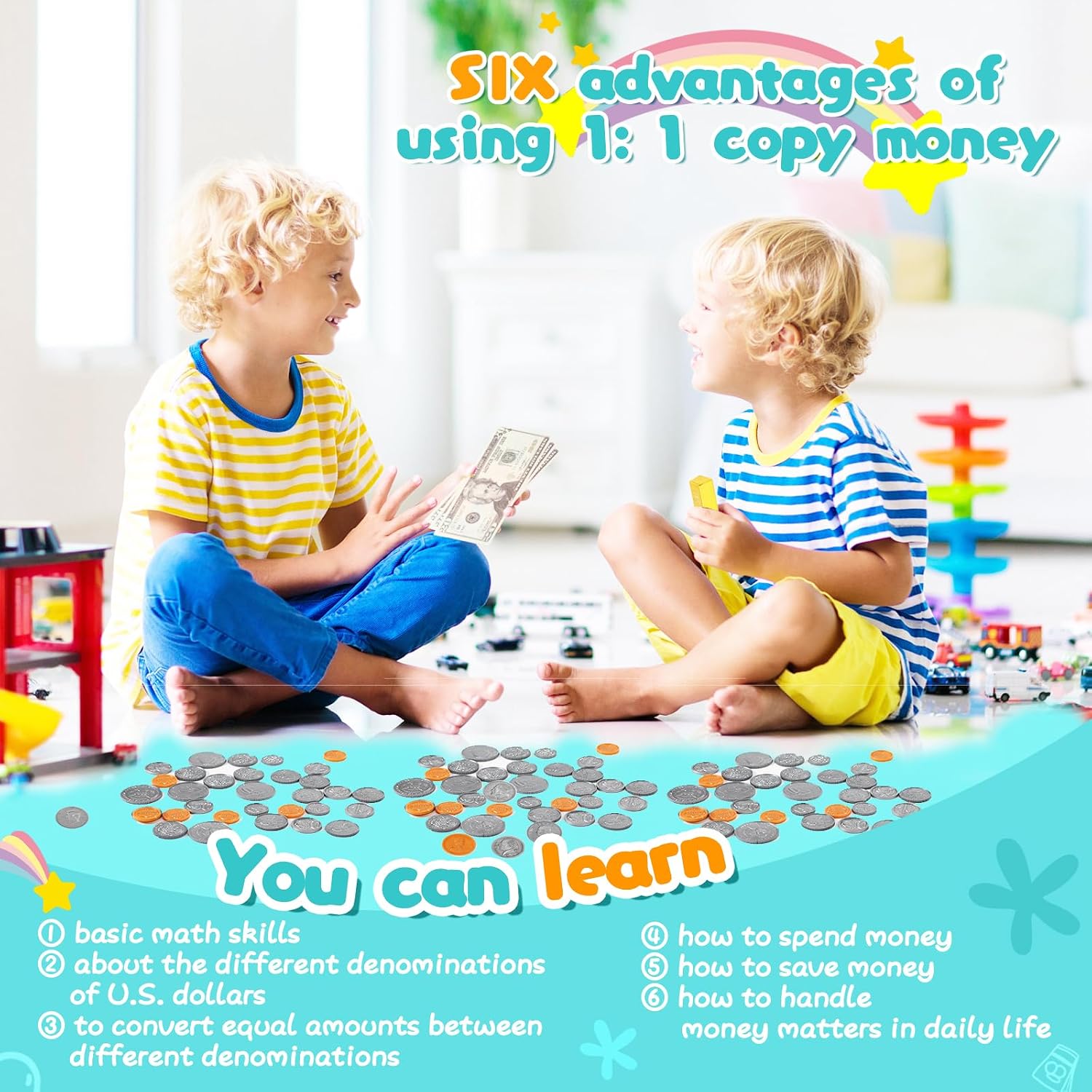 Quiet Flower Learning Pretend Play Coin, Copy Pretend Coins Toys for Kids, Prop Fake Coins and Banking Play Toys Set(200pcs)