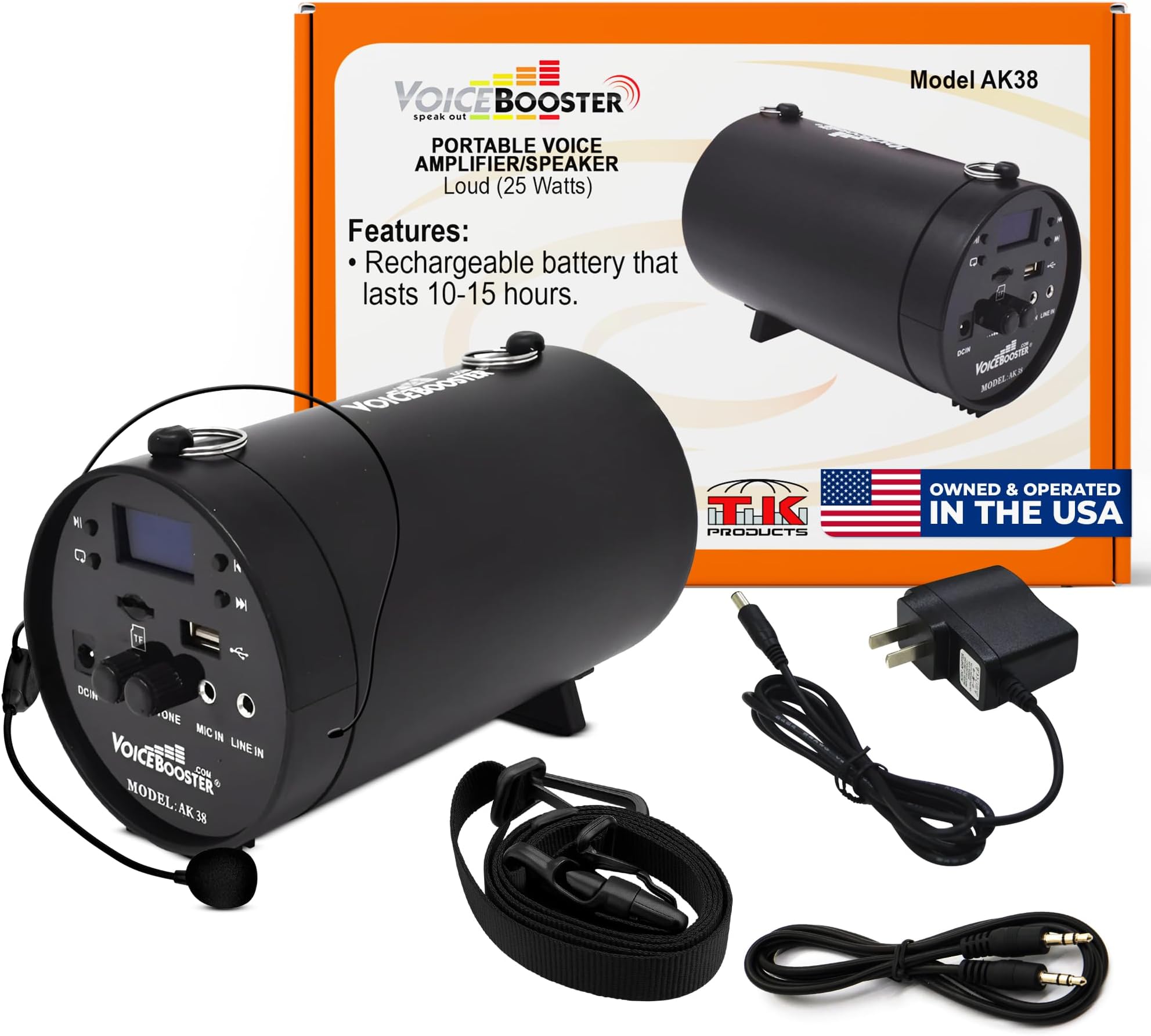 Voicebooster Speak Out Personal Voice Amplifier โ Rechargeable Portable Speaker with Wired Microphone Headset for Teachers, Tour Guide, Presentations - Built-in MP3 Player & FM Radio โ 25watt MR-AK38