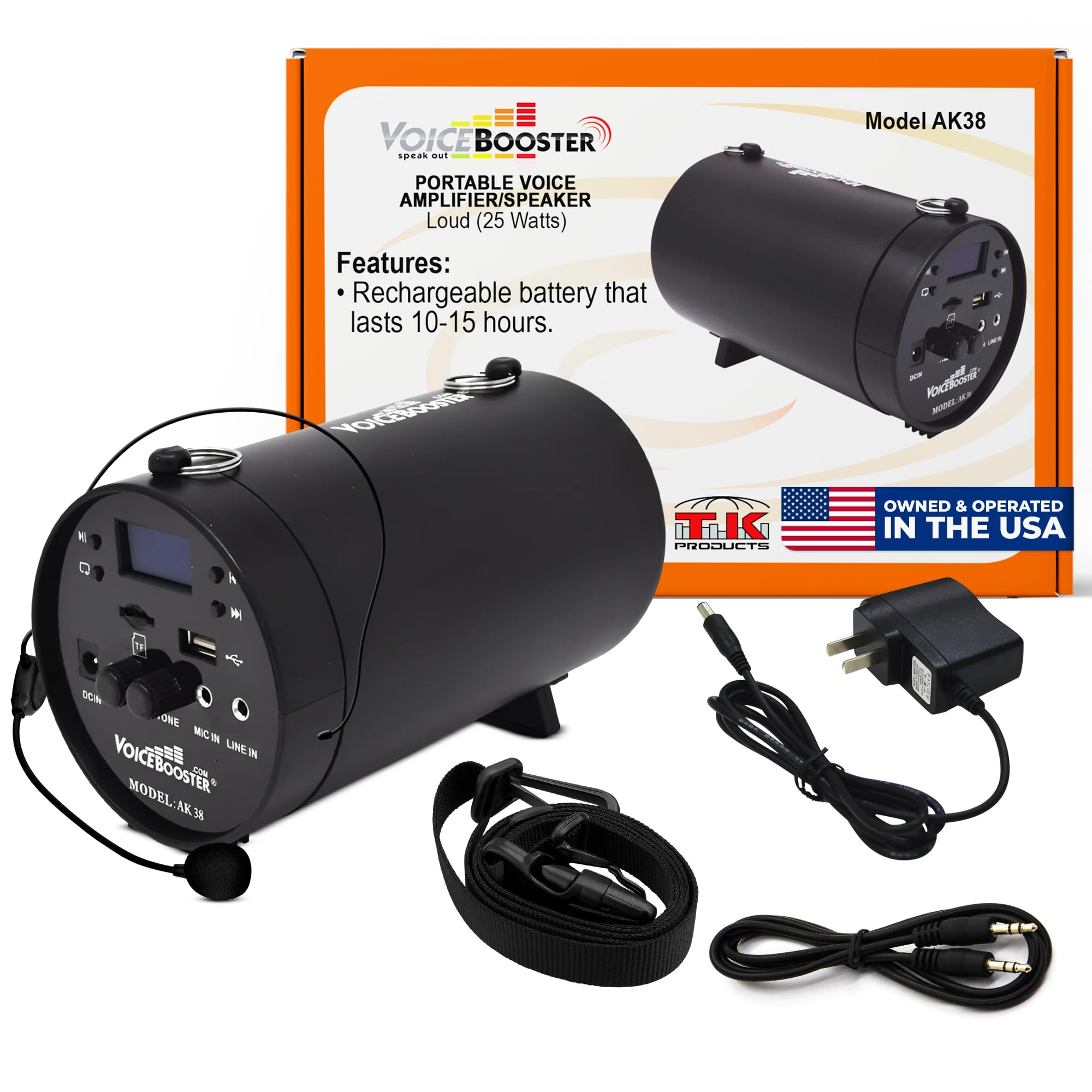 VoiceBooster Voice Amplifier & Mp3 Player 25watts Black MR-AK38 by TK Products,Portable, for Teachers, Coaches, Tour Guides, Presentations, Costumes, Etc.