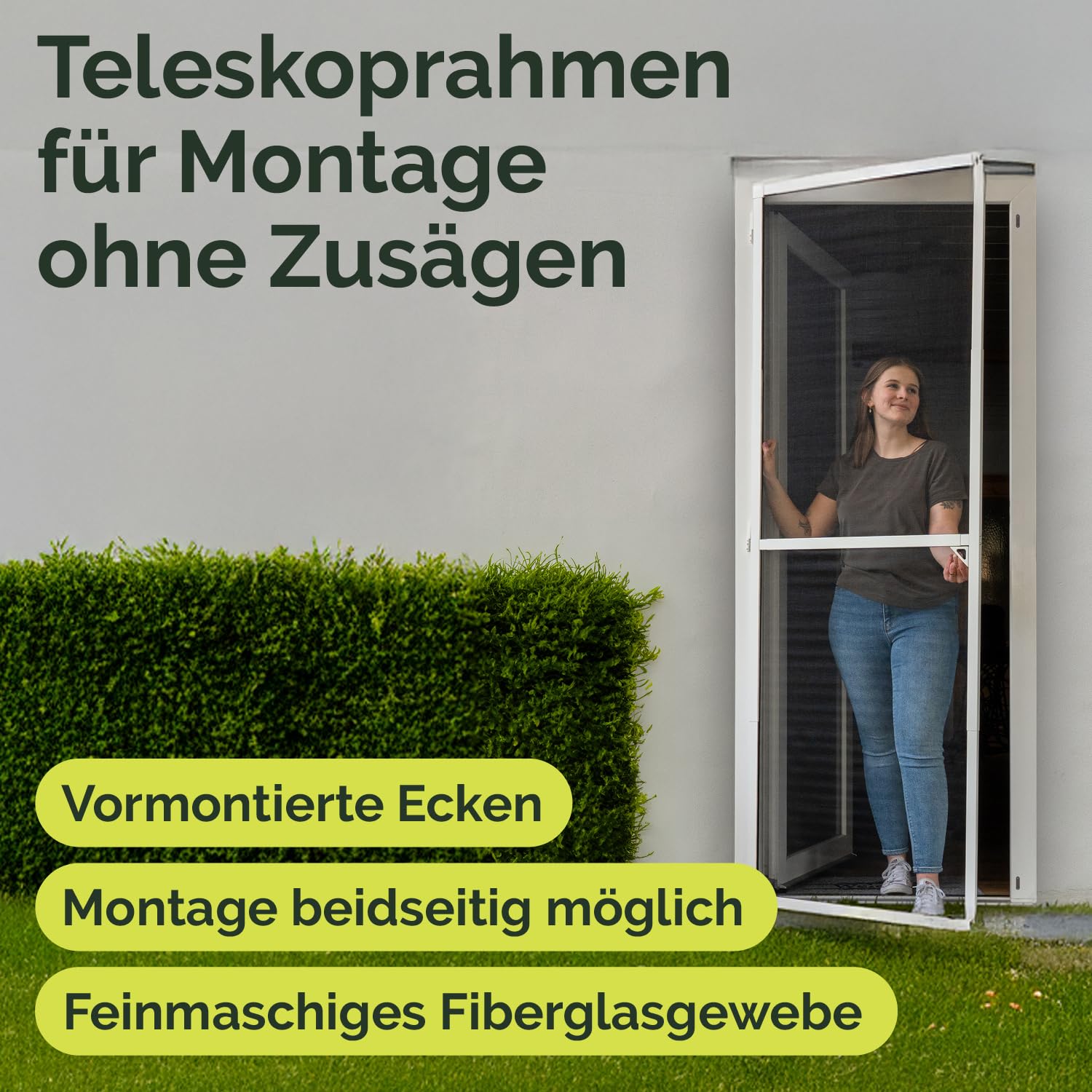 Nematek Insektenschutz Tür Teleskoprahmen - schmale Fliegengitter Tür mit Rahmen für Balkon & Terrasse - 100 x 210 cm teleskopierbare Fliegengitter Tür in weiß - Montage erfolgt ohne Zusägen