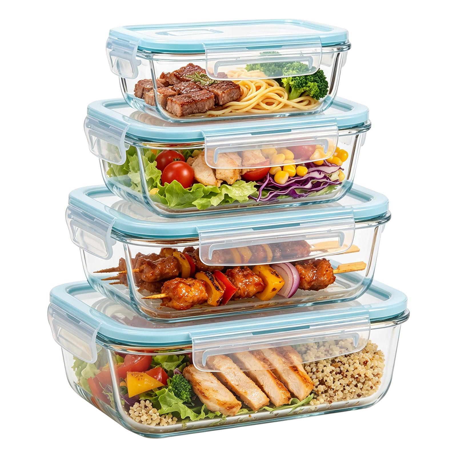 EASYSPEED Set di contenitori in vetro con coperchi – 4 pezzi – Senza BPA – Vetro borosilicato – Ermetici e a tenuta stagna – Resistenti al forno fino a 450°C – Adatti a microonde, freezer e lavastovi