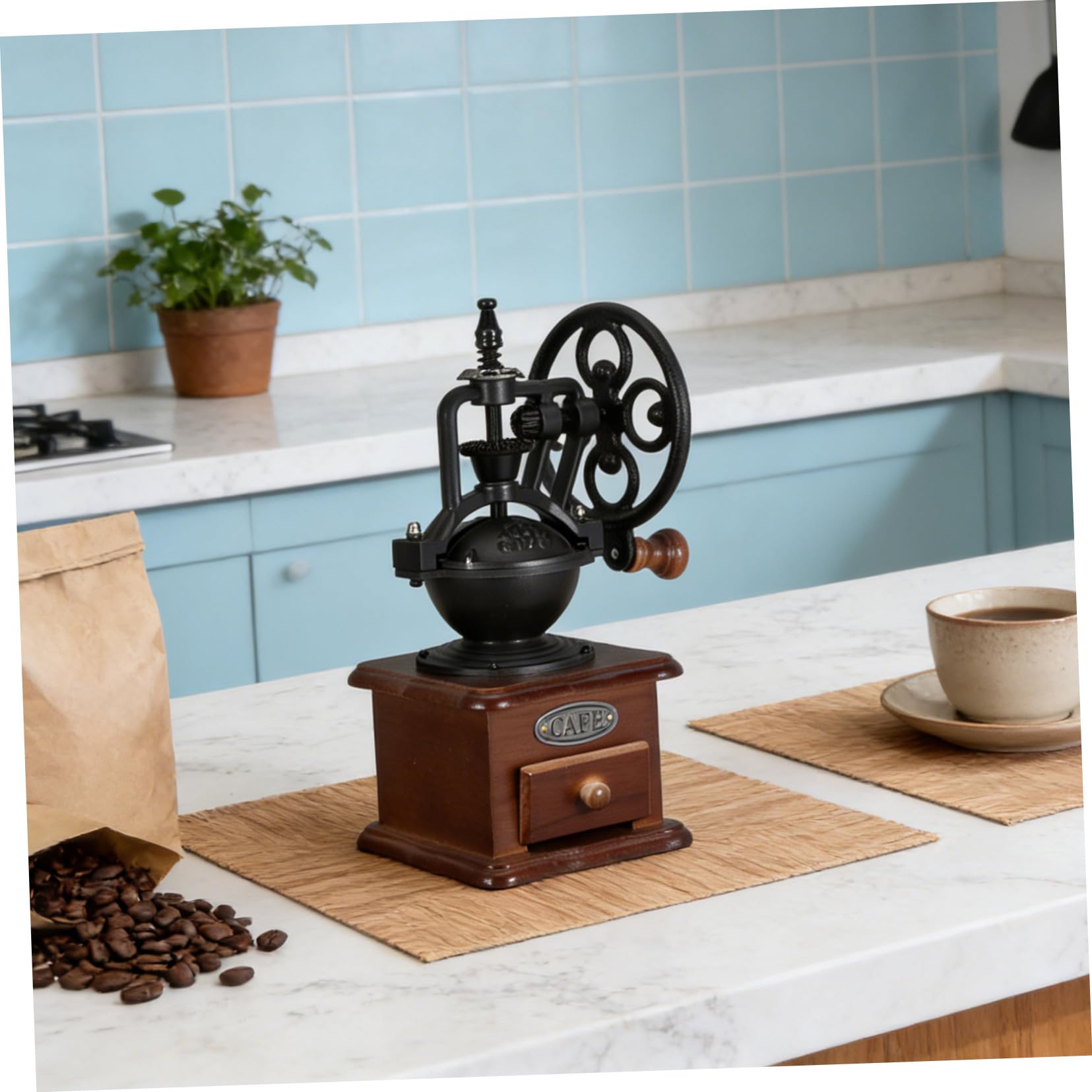 Molinillo de Café Manual Base de Madera y Muelas de Cerámica, Portátil y Silencioso para Camping y Viaje de Negocios