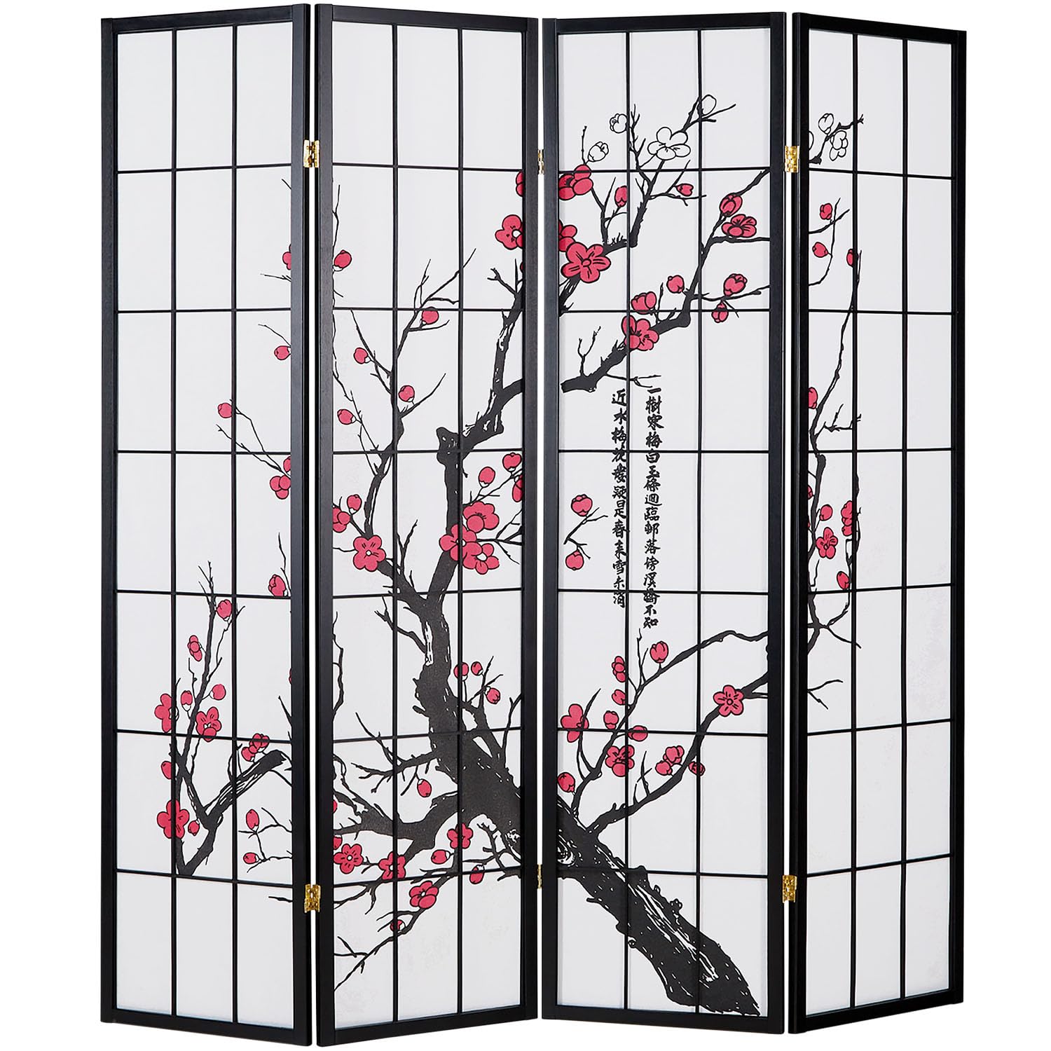 4 pan Pliante modèle de cloison - cloison Bois Shoji en Noir avec des Fleurs de Cerisier - Salle écran