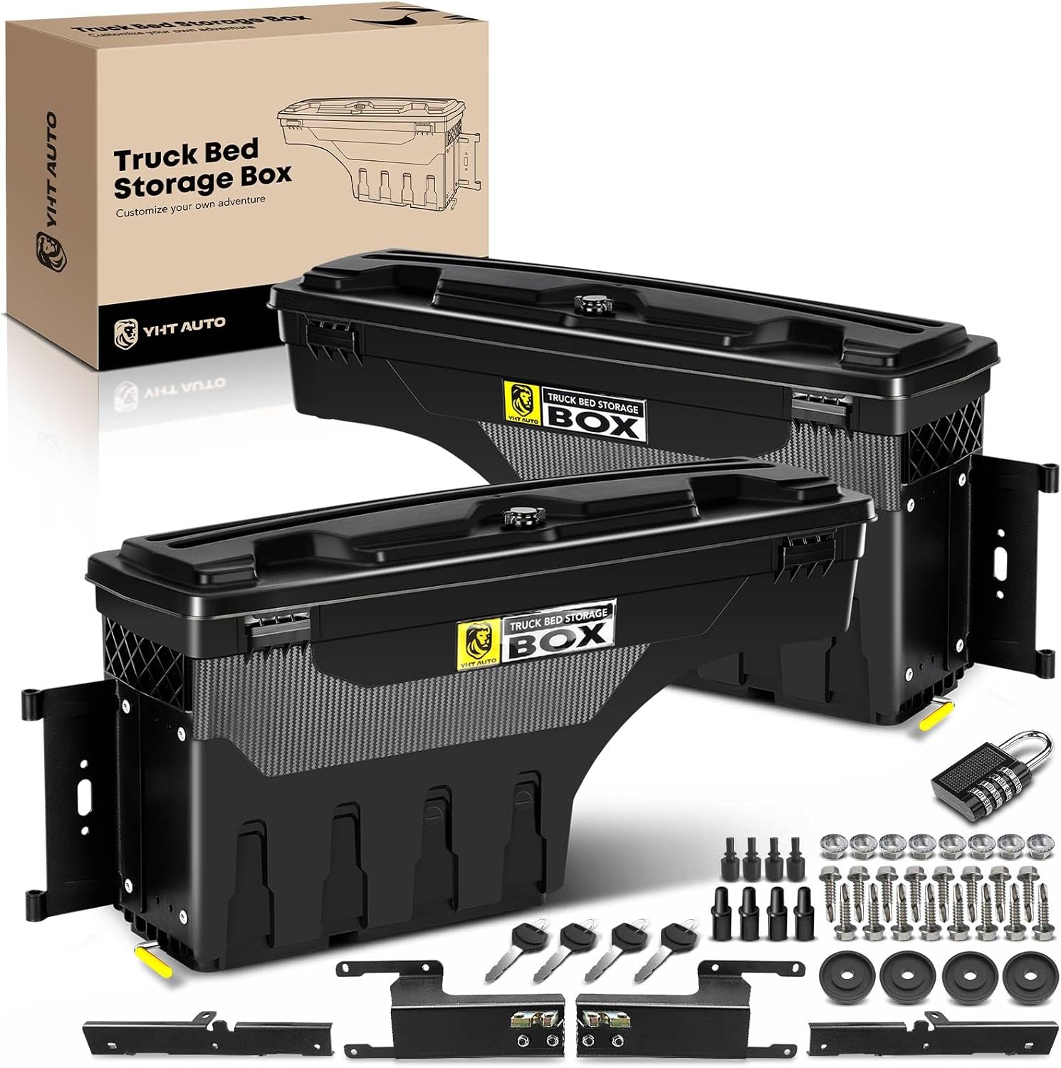 YHTAUTO Set of 2 Truck Bed Storage Tool Box Lockable Compatible with 2017-2023 Ford F-250/F-350 Super Duty, 6.9FT Bed Model, Swing Waterproof Wheel Well Toolbox