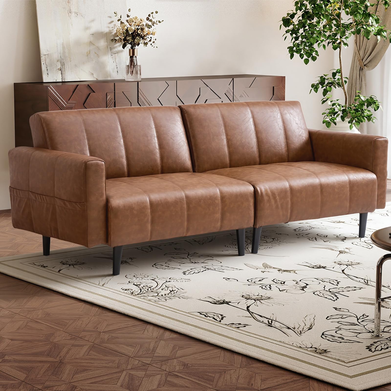 Ledersofa, Sofa 3 Sitzer, Sofa mit Schlaffunktion, Schlafsofa, Wandelbares Ledersofa mit Verstellbarer Rückenlehne, Stauraum, Holz & Stahlrahmen, 195×74×77cm (Braun)