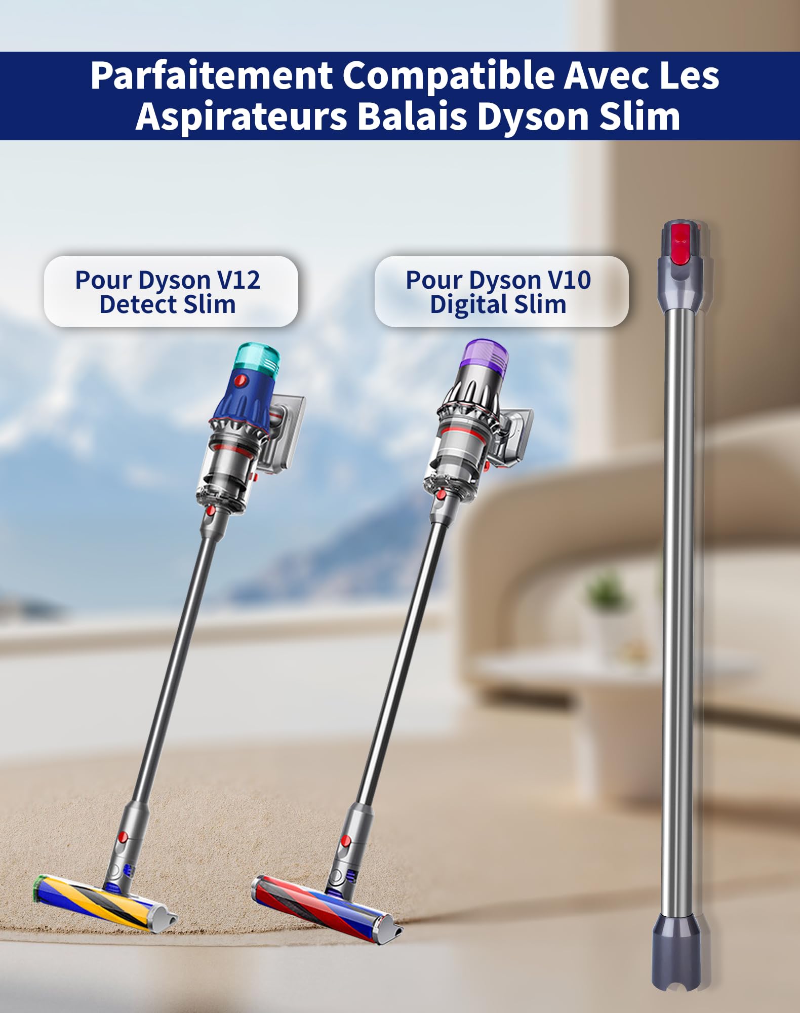 Tube Extension Compatible avec Dyson V12 Detect Slim & V10 Digital Slim, 74cm Tige Rigide Télescopique en Aluminium – avec Dégagement Rapide, Remplacement pour Tuyau d'Aspiration (Gris)