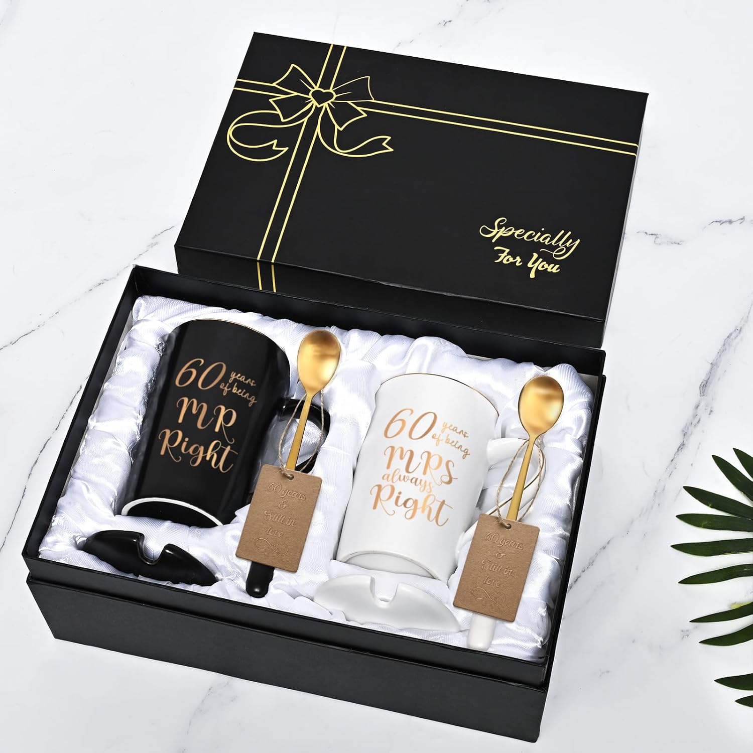 YHRJWN 60th Wedding Gifts, 60 Years of Being Mr & Mrs Always Right Mug Set 14Oz with Lids Spoons and Gift Box, Christmas Anniversary Presents for Parents Couple - Image 9