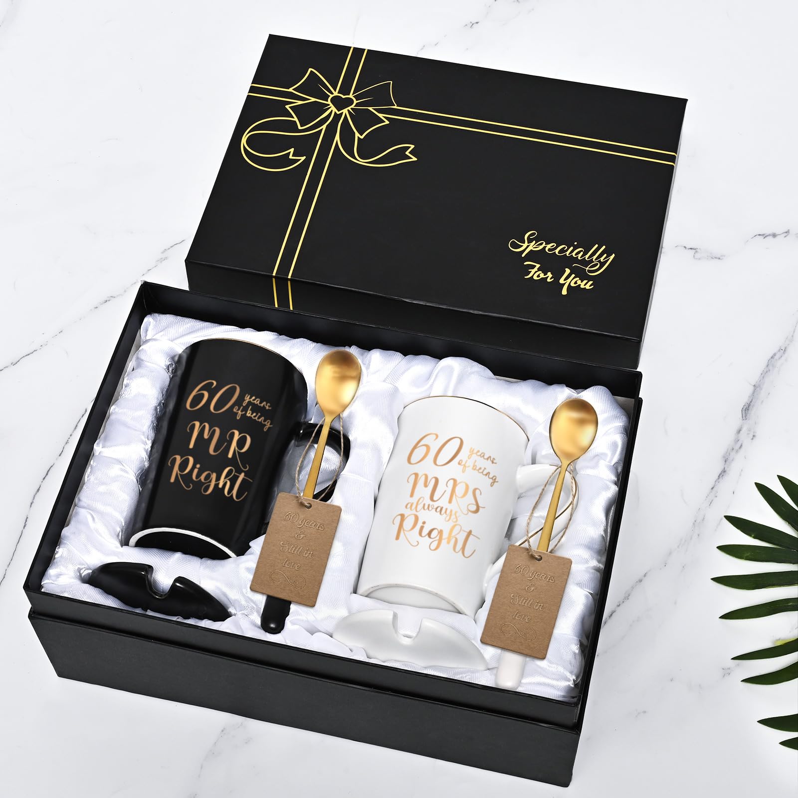 YHRJWN 60th Wedding Gifts, 60 Years of Being Mr & Mrs Always Right Mug Set 14Oz with Lids Spoons and Gift Box, Christmas Anniversary Presents for Parents Couple