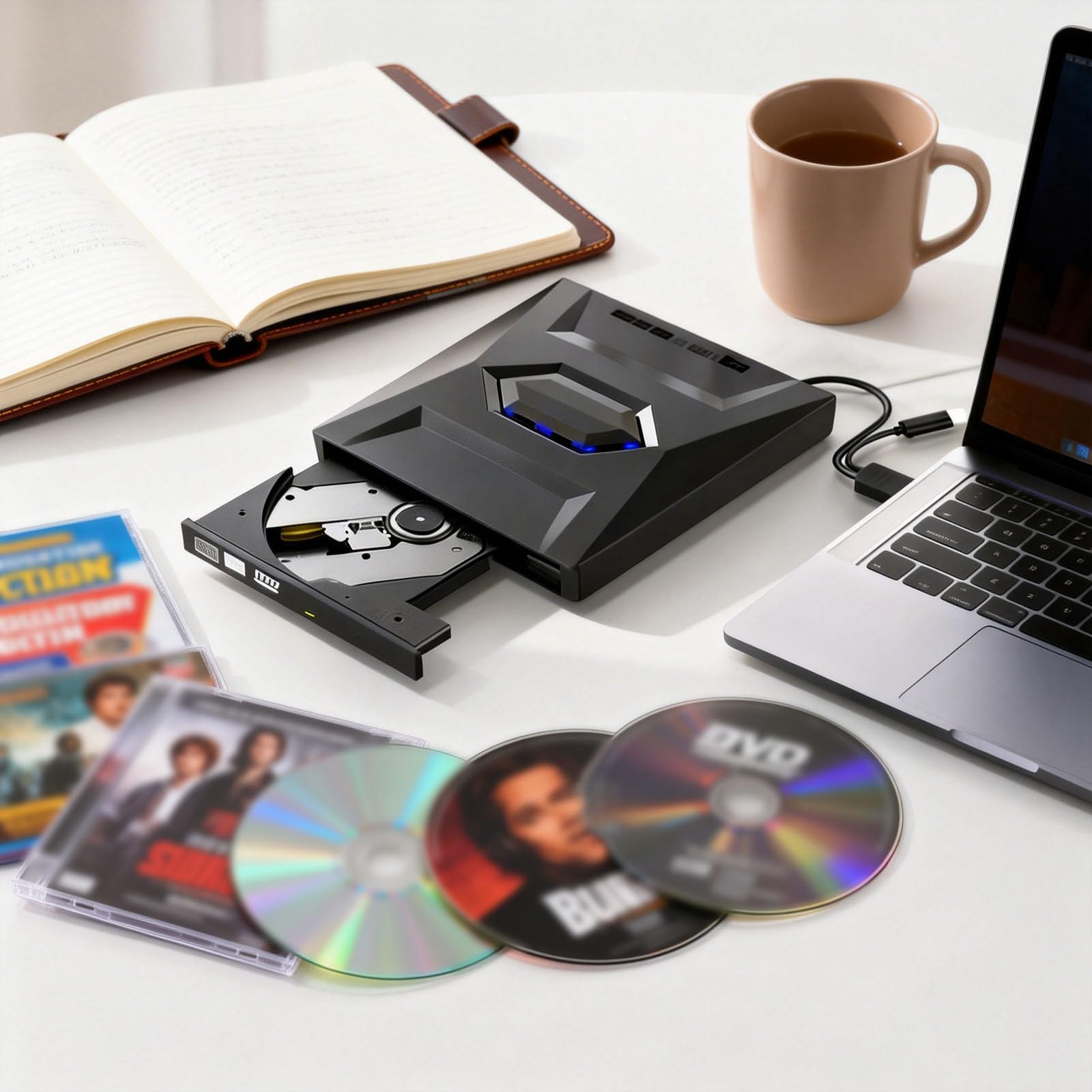 7-in-1 Externes USB-DVD-Laufwerk und Blu-ray-Player, USB C 3.0 Typ-C tragbarer BD/DVD/CD-Brenner, Lesegerät mit 3 USB-Anschlüssen, Hub und SD/TF-Kartenleser, 6 x optisches Blu-ray-Laufwerk (Schwarz, 1