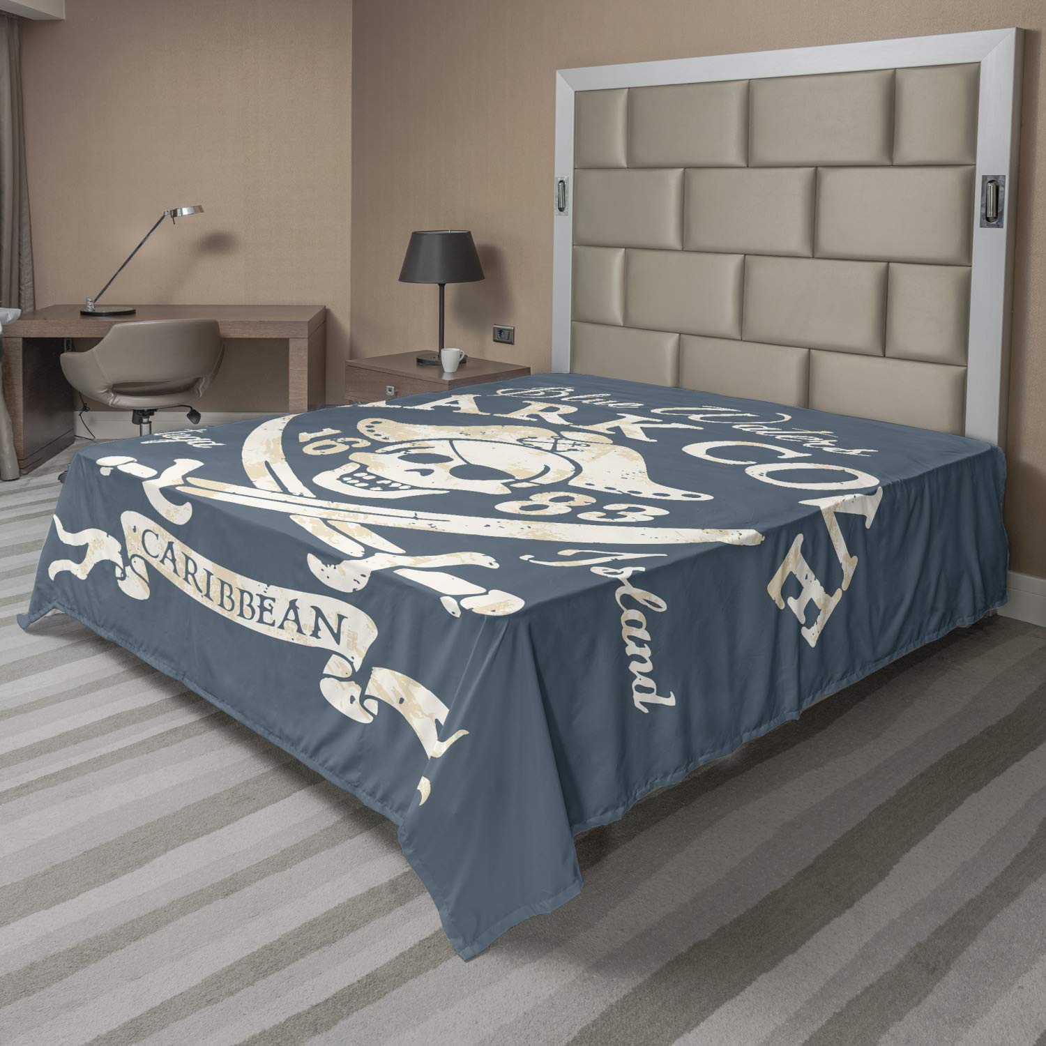 Lunarable Pirate Flat Sheet, Shark Cove Tortuga Island Caribbean Waters Retro Jolly Roger, Soft Comfortable Top Sheet Decorative Bedding 1 Piece, California King, Pale Mustard Slate Blue