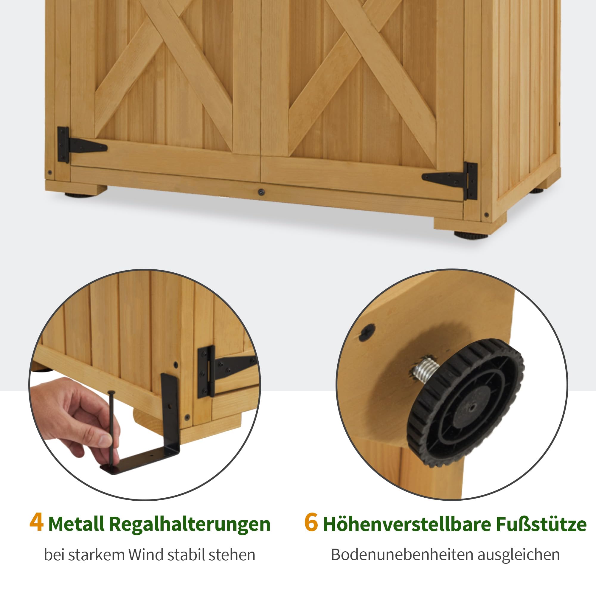 M MCombo Holz Gartenschrank Outdoor Gerätehaus Wetterfest 55×90×169cm Natur
